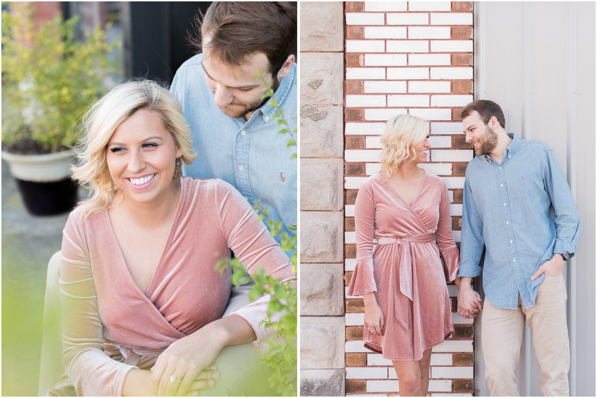 Annie-Jo-Jackson-Downtown-Tuscumbia-Alabama-Engagement-Session- couple leaning on building