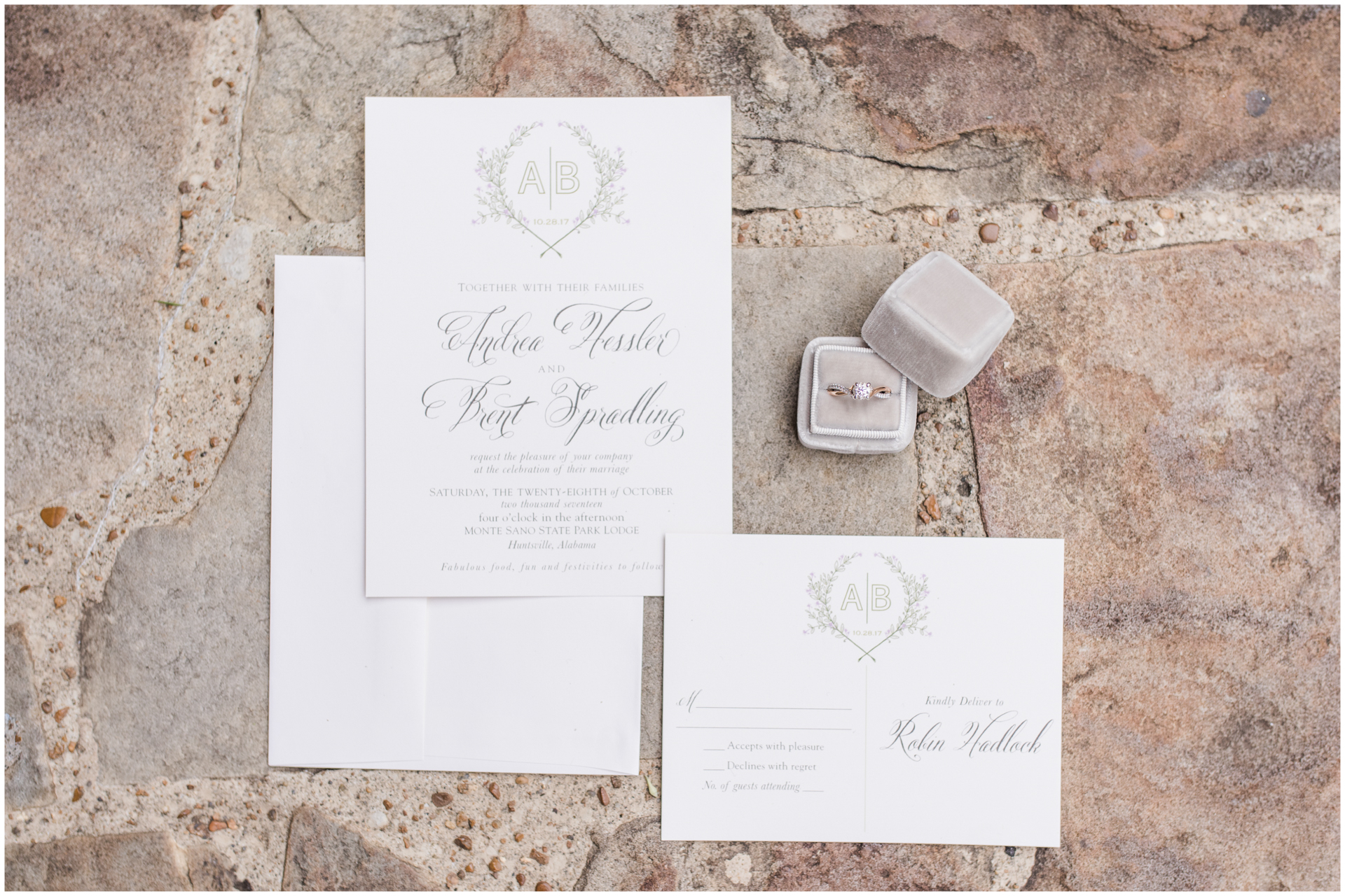 White and Grey Script Wedding Invitation on Stone with Grey Ring Box