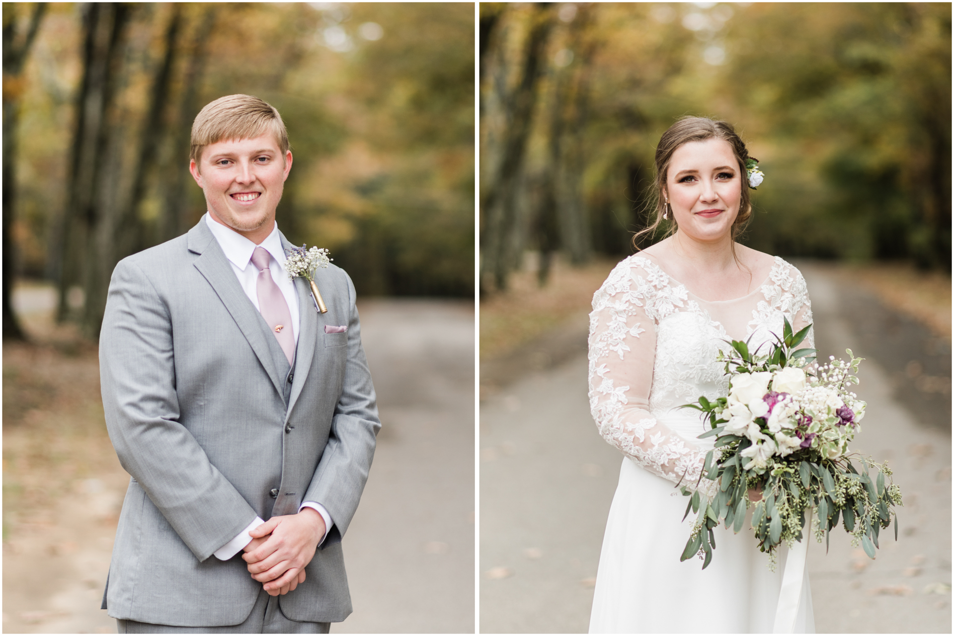 Bride and Groom Individual Portraits surrounded by Autumn Colored Trees
