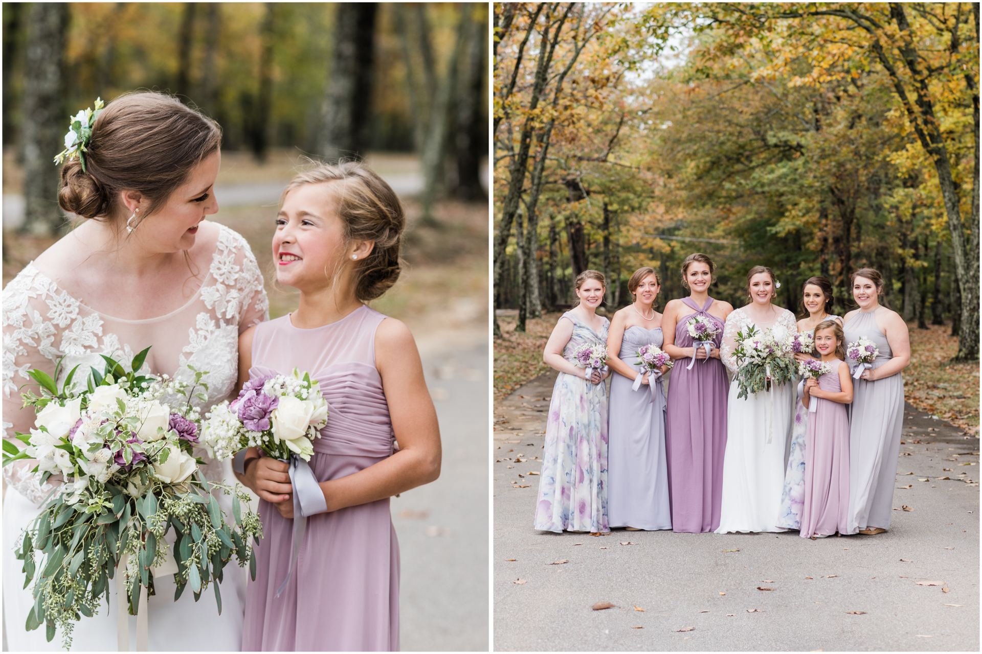 Junior Bridesmaids in Lavender Dress Looking at Bride Mix Matched Purple and Gray Bridesmaid - Monte Sano Lodge Fall Wedding