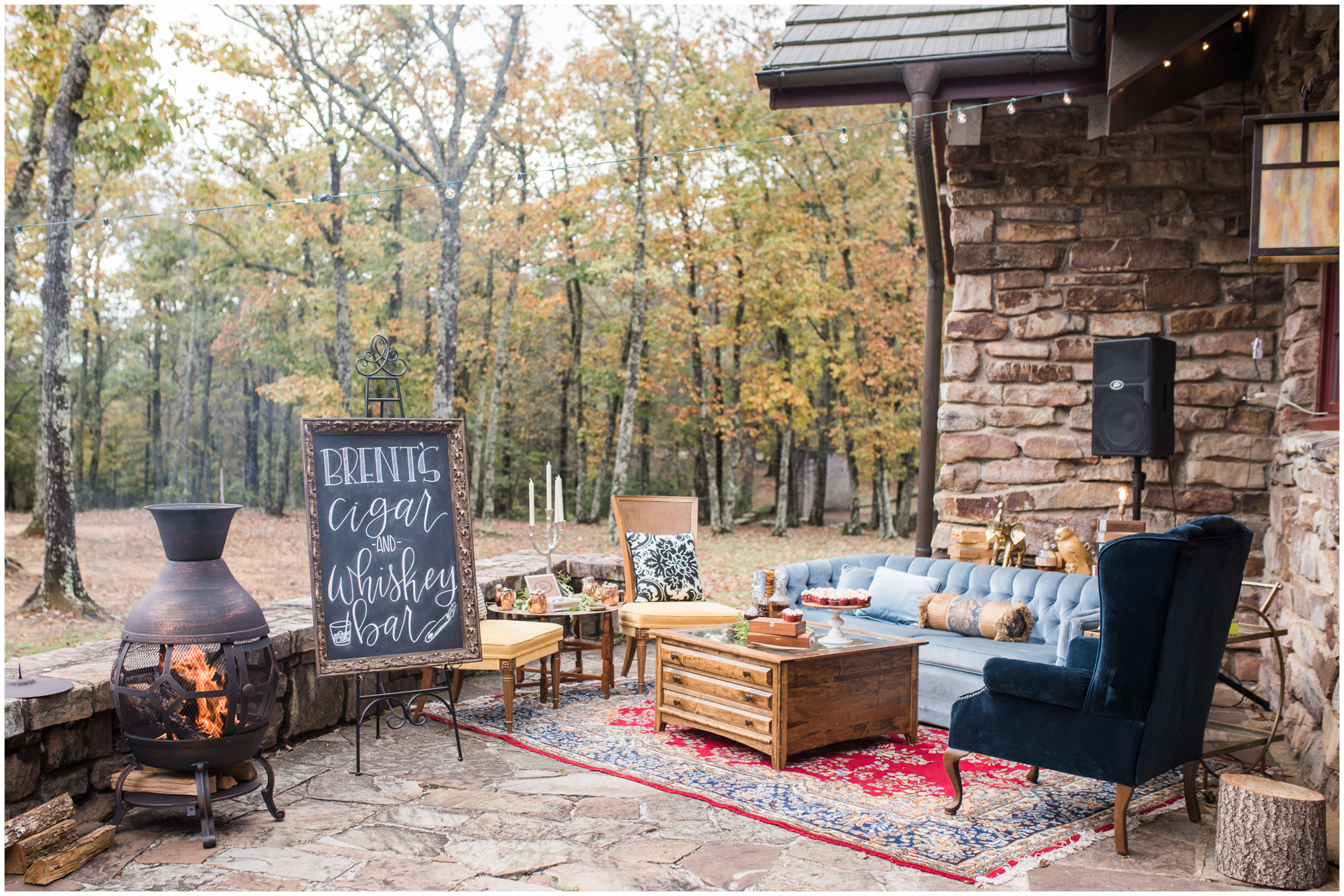 Monte Sano Lodge Fall Wedding Grooms Whiskey and Cigar Bar with Firepit Blue Velvet Couch