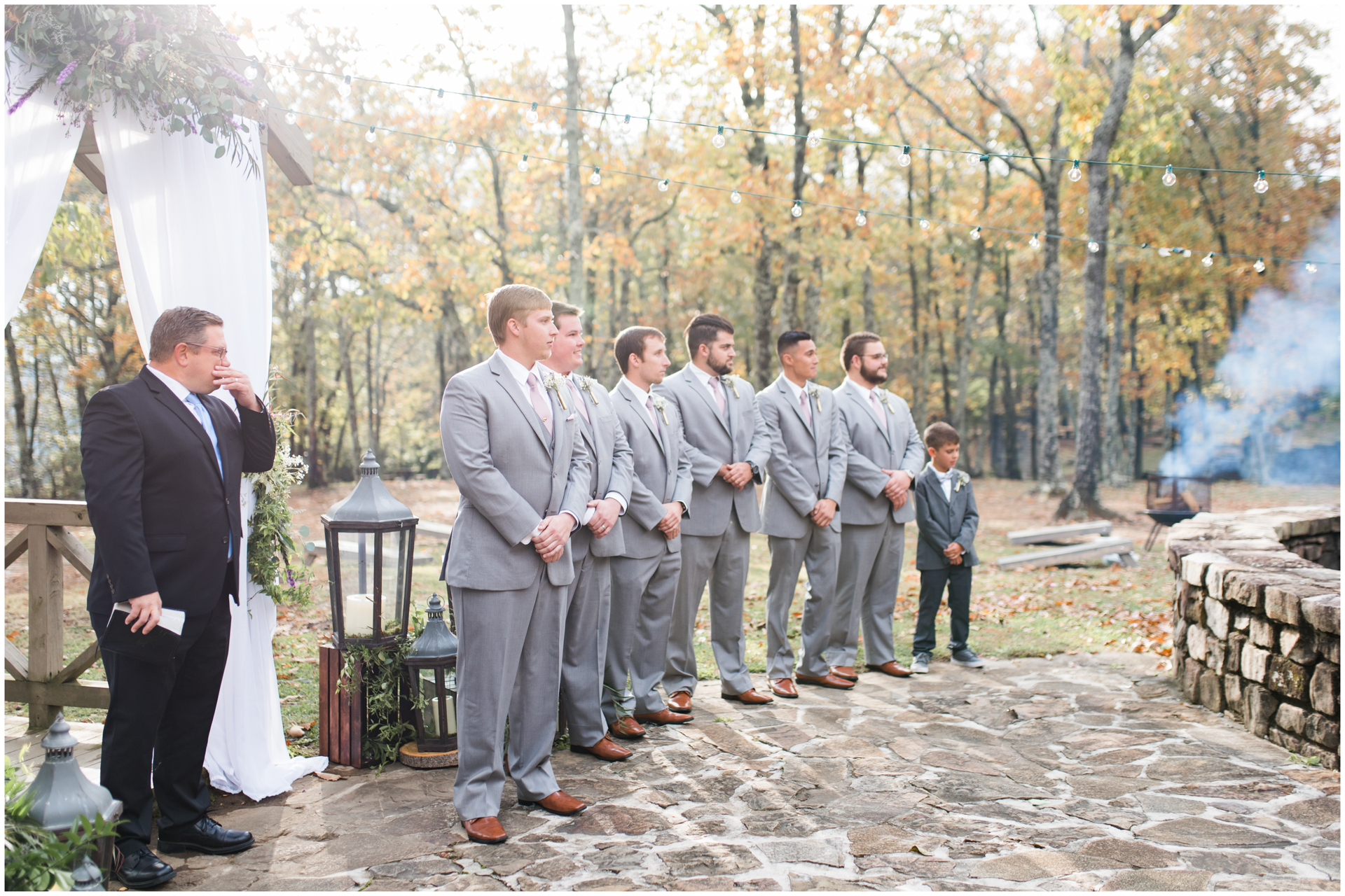 Monte Sano Lodge Fall Wedding Outdoor Ceremony in the Fall Autumn Colors Firepits Groom waiting for Bride