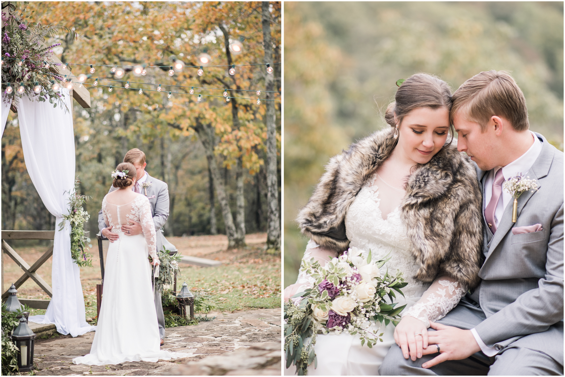 Bride in Faux Fur Jacket and Groom Portraits Outdoor in the Fall Monte Sano Lodge Fall Wedding - Huntsville Wedding Photographer - Twenty Oaks Photography