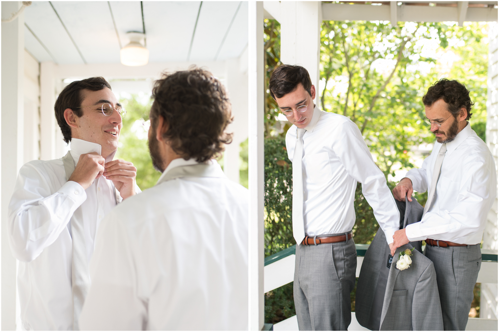 groom and father of the groom getting ready on the porch of the chapel at burritt on the mountain