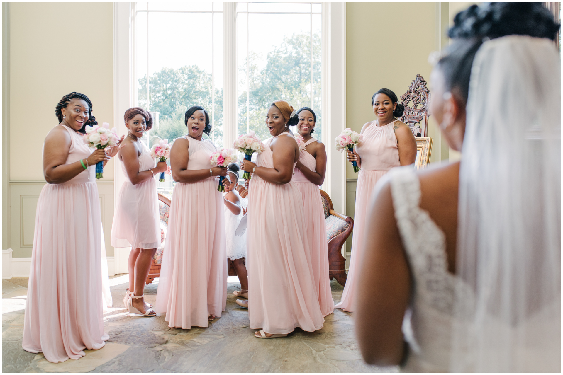 Baron Bluff Wedding - Huntsville Alabama Wedding Photographer - Bridesmaids first look - blush pink dress
