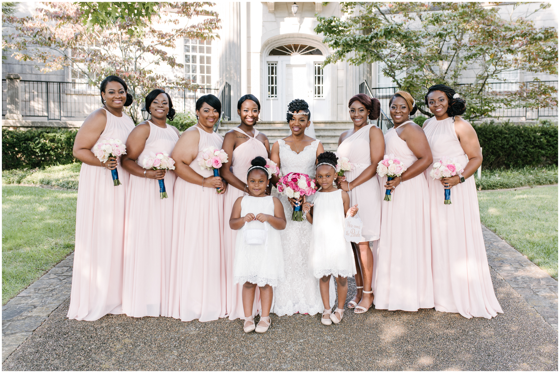 Africa American Bridesmaids in front of Burritt Mansion - Baron Bluff Wedding - Huntsville Wedding Photography