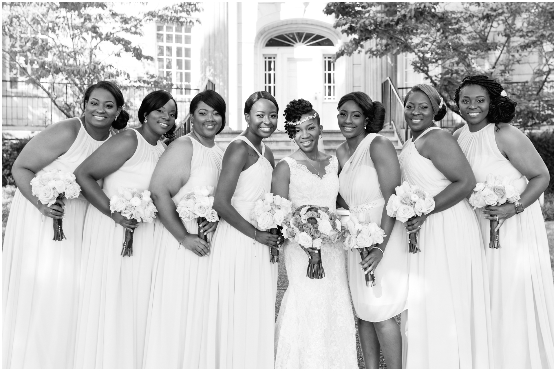 Africa American Bridesmaids in front of Burritt Mansion