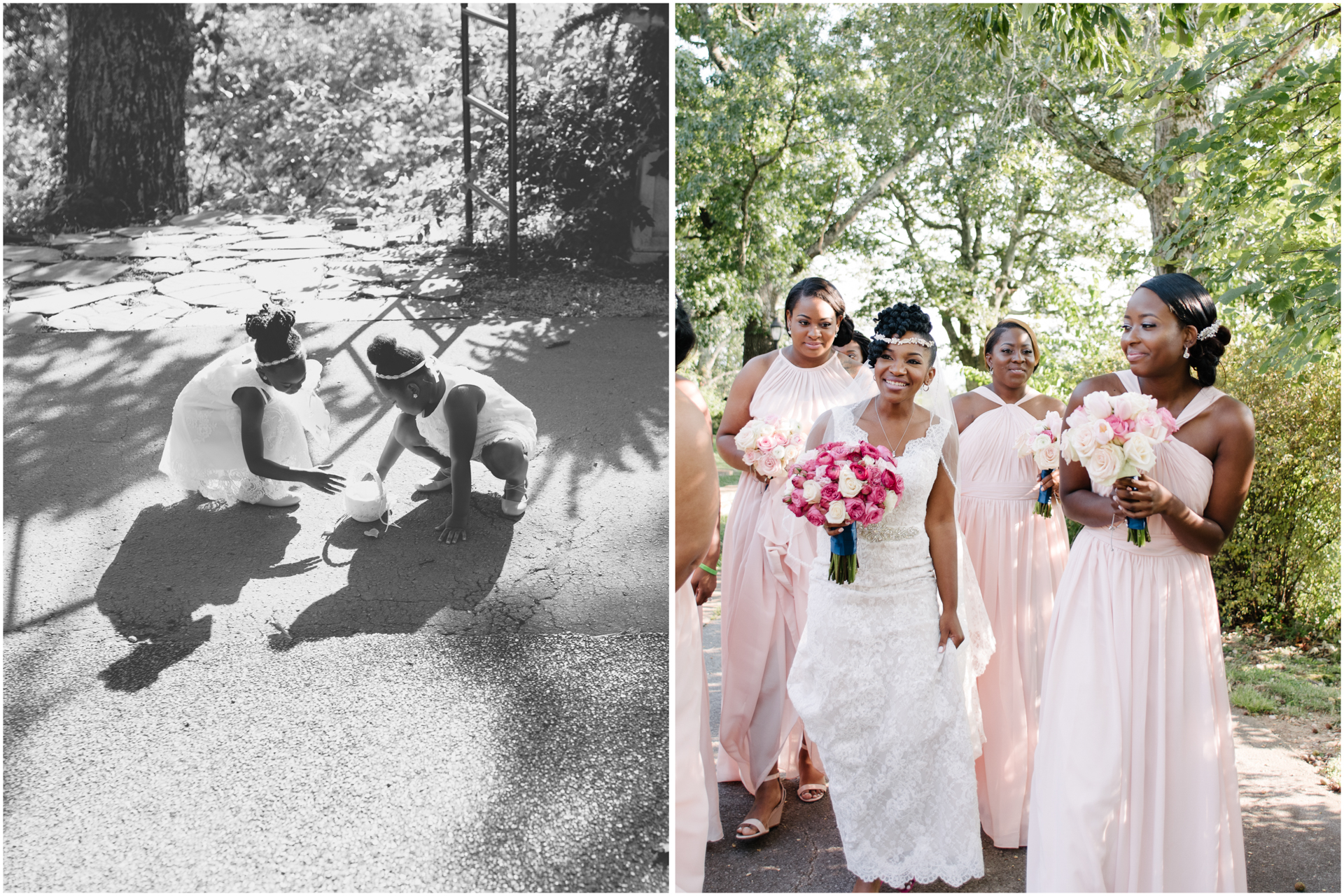 candid photos of bride and bridesmaids and flower girls before ceremony