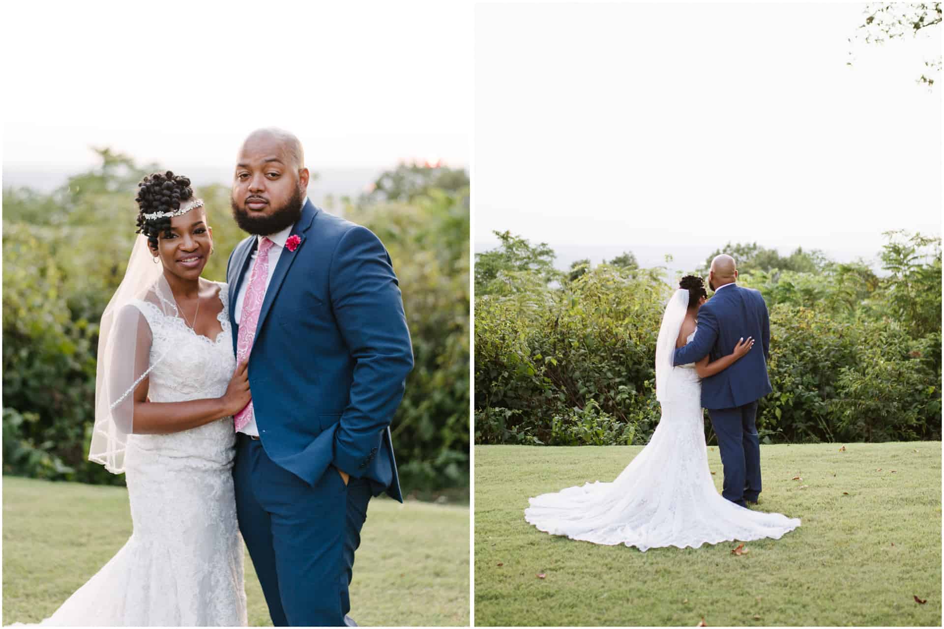 African American Outdoor Wedding Groom in blue suit with pink tie