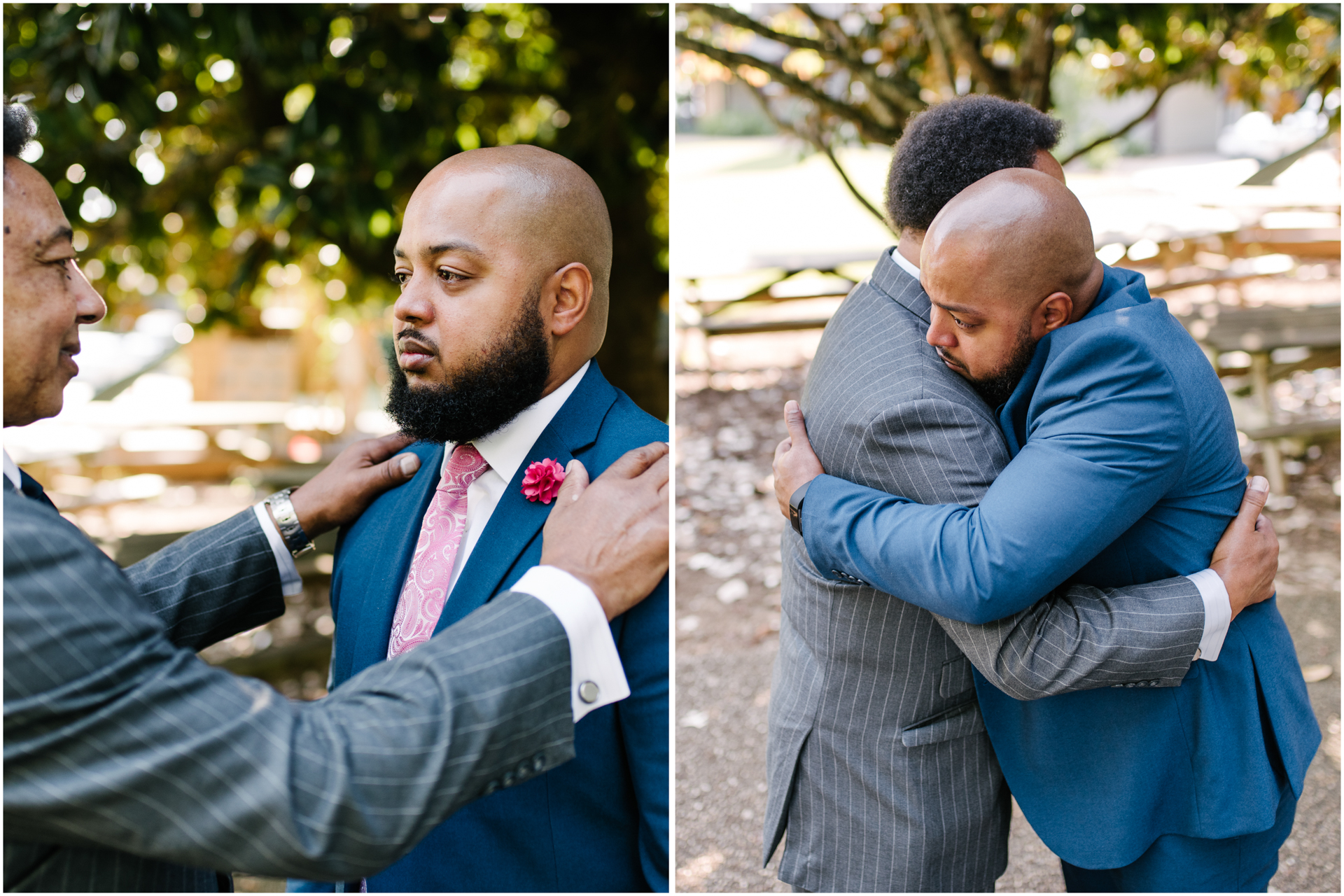 Father of the Groom hugs son before the wedding