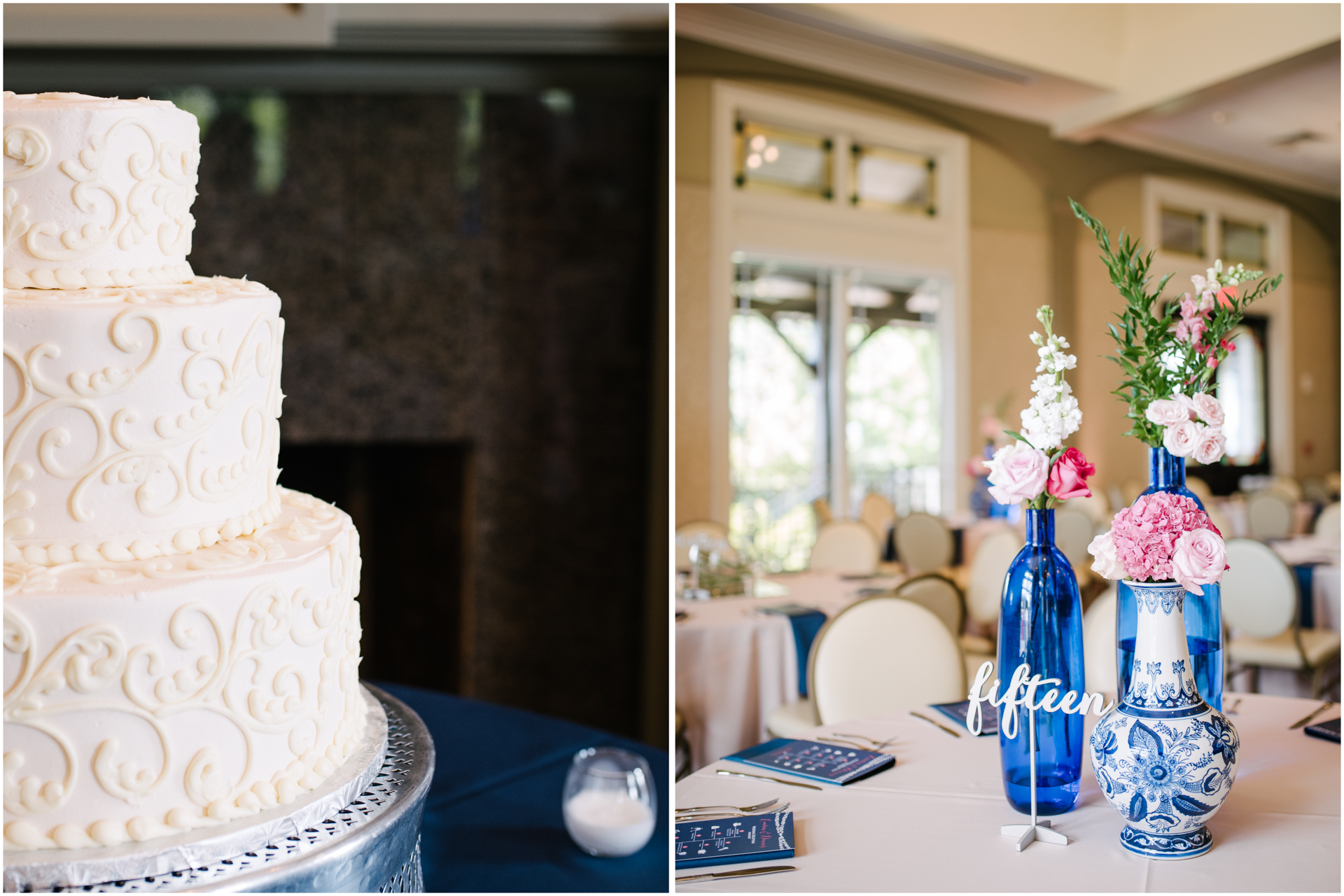 blue pink white floral centerpieces wedding reception