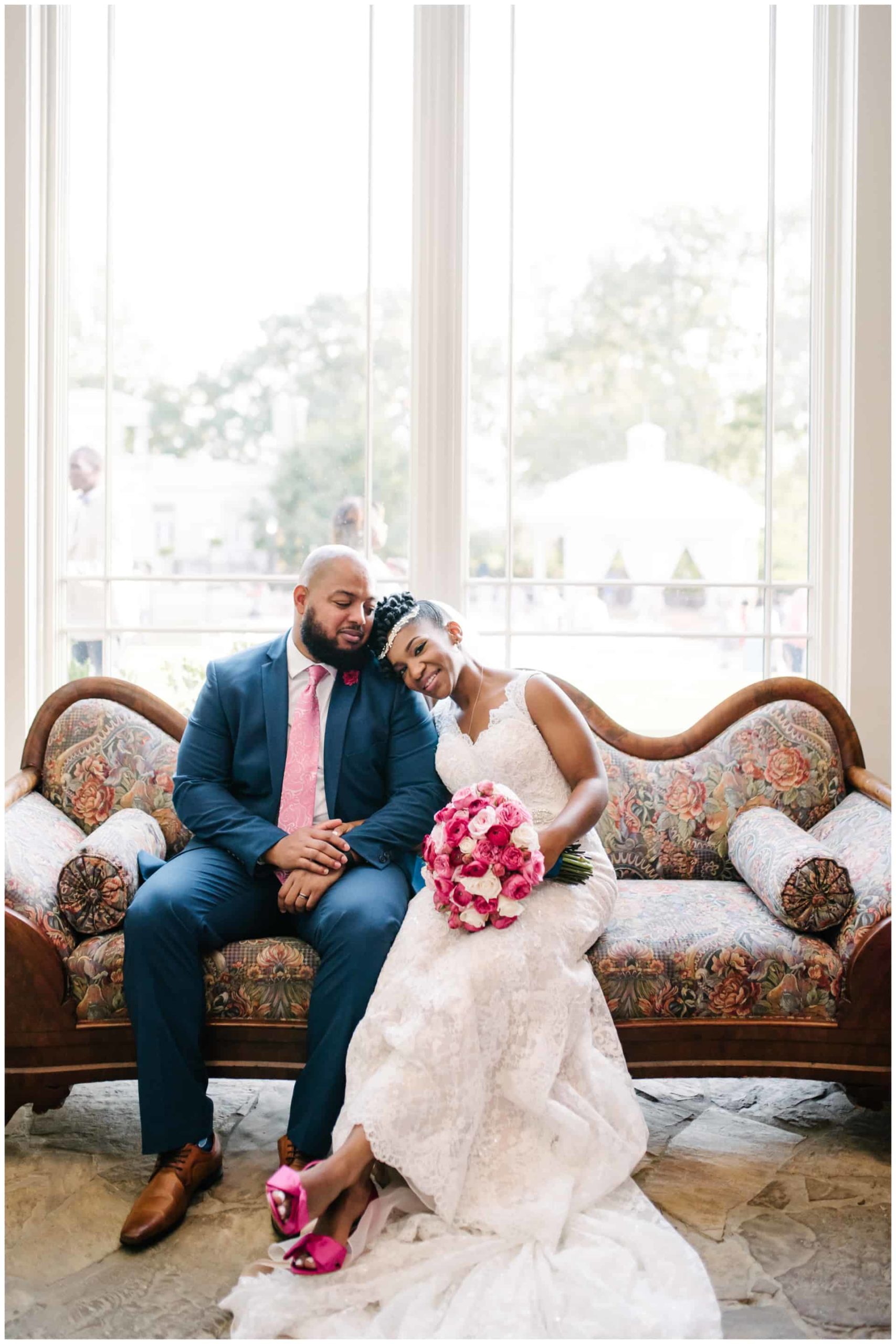Huntsville Alabama Wedding Photography - African American Wedding - Twenty Oaks Photography - Baron Bluff - Burritt on the Mountain - Bride and Groom sitting on the couch