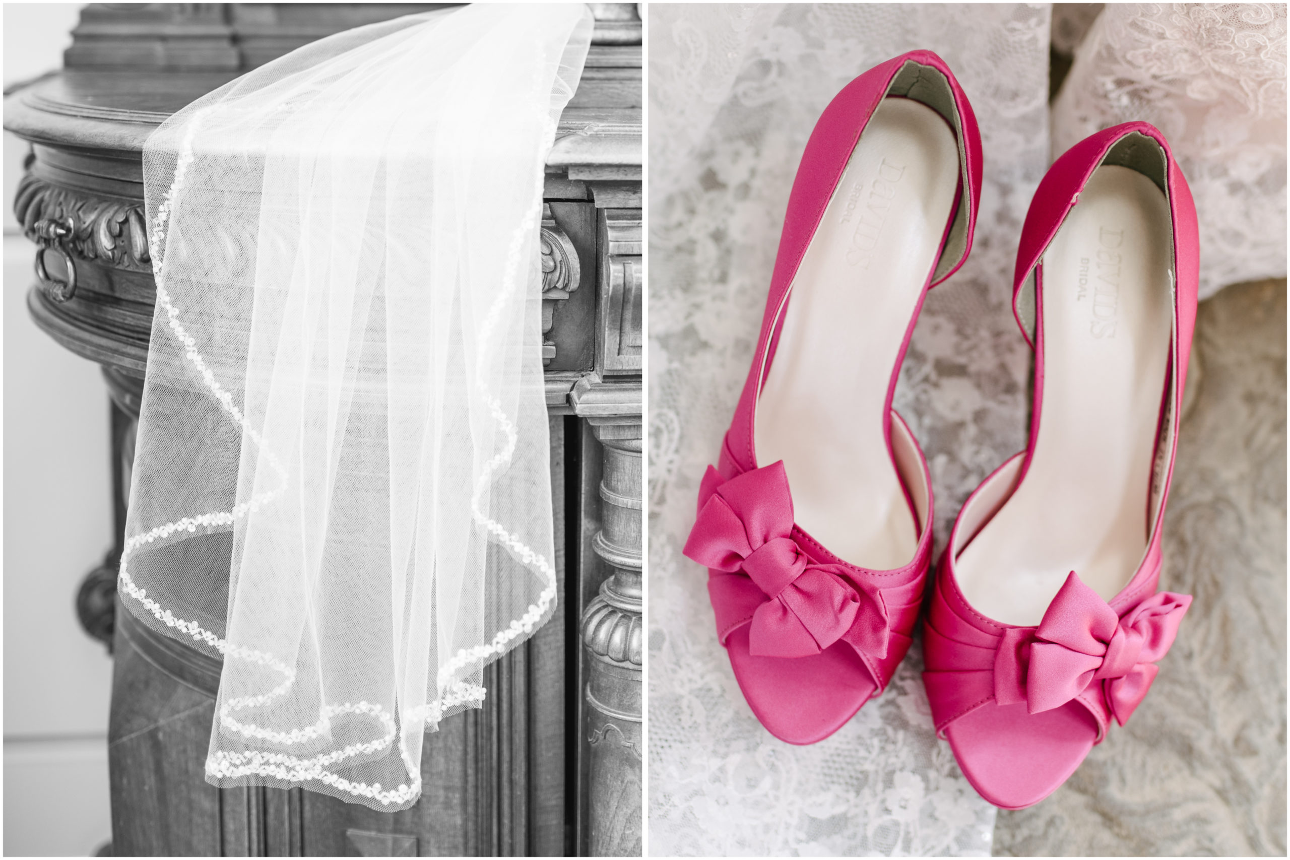 veil and hot pink wedding shoes
