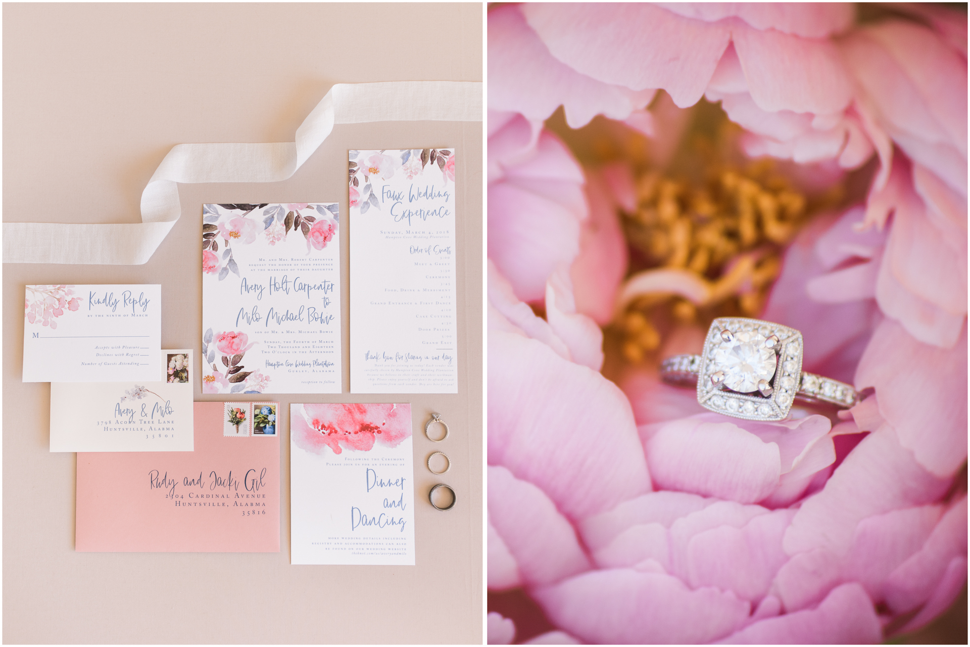 Salt and Paperie Wedding Invitation Suite - Engagement ring in Pink peonies - Hampton Cove Wedding Plantation