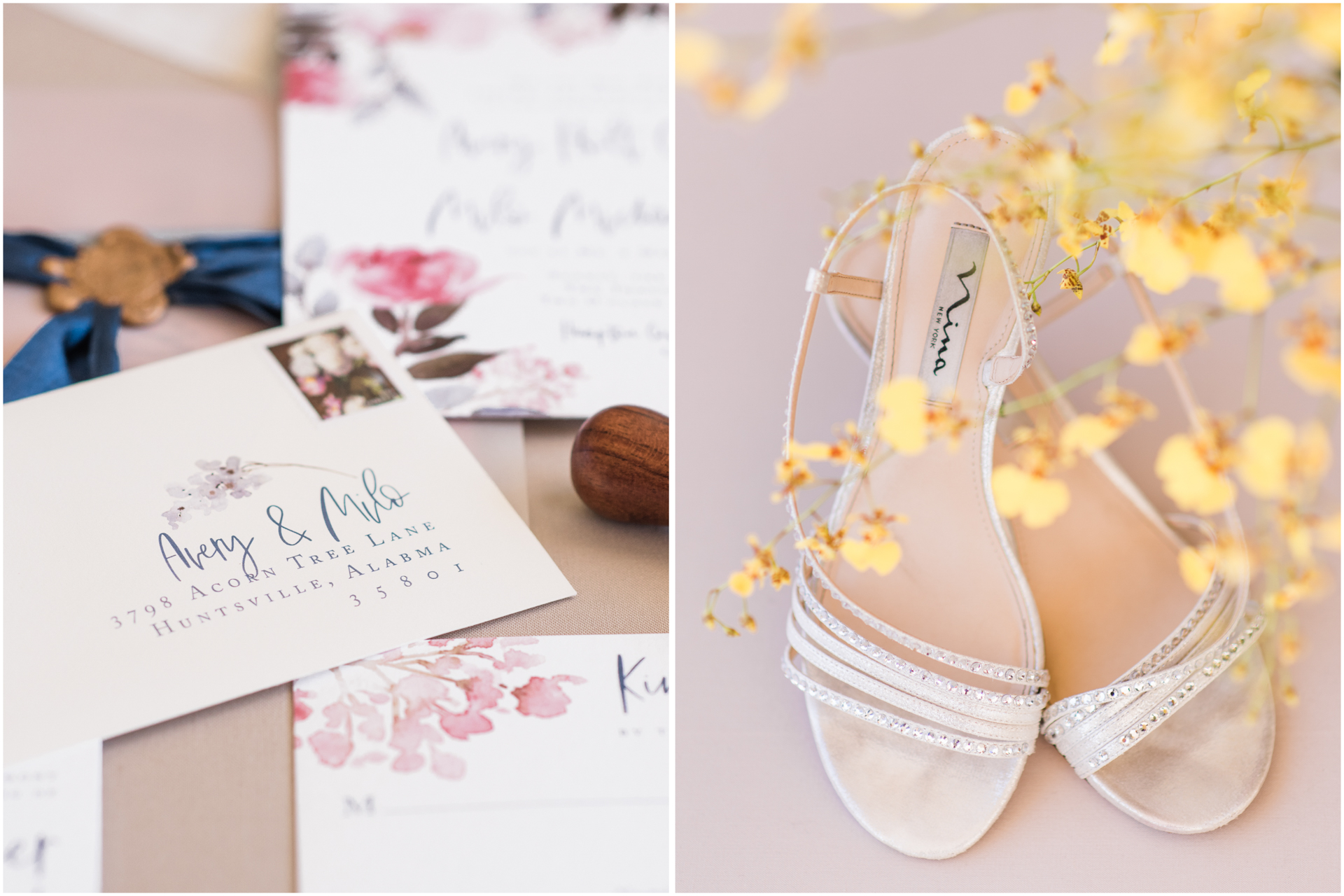 Wedding shoes with yellow flowers - Salt and Paperie invitation suite with wax seal and navy ribbon