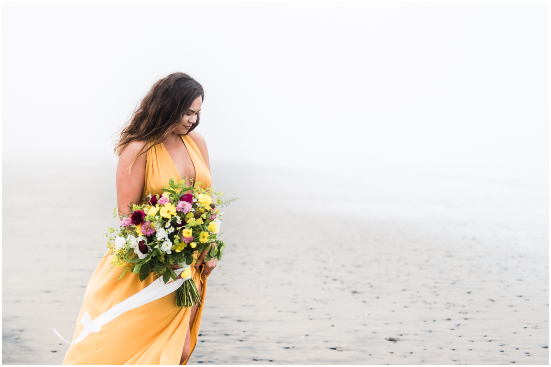 Bridesmaid walking on the beach in yellow dress - yellow white pink burgundy bouquet - Huntsville Wedding Photographer