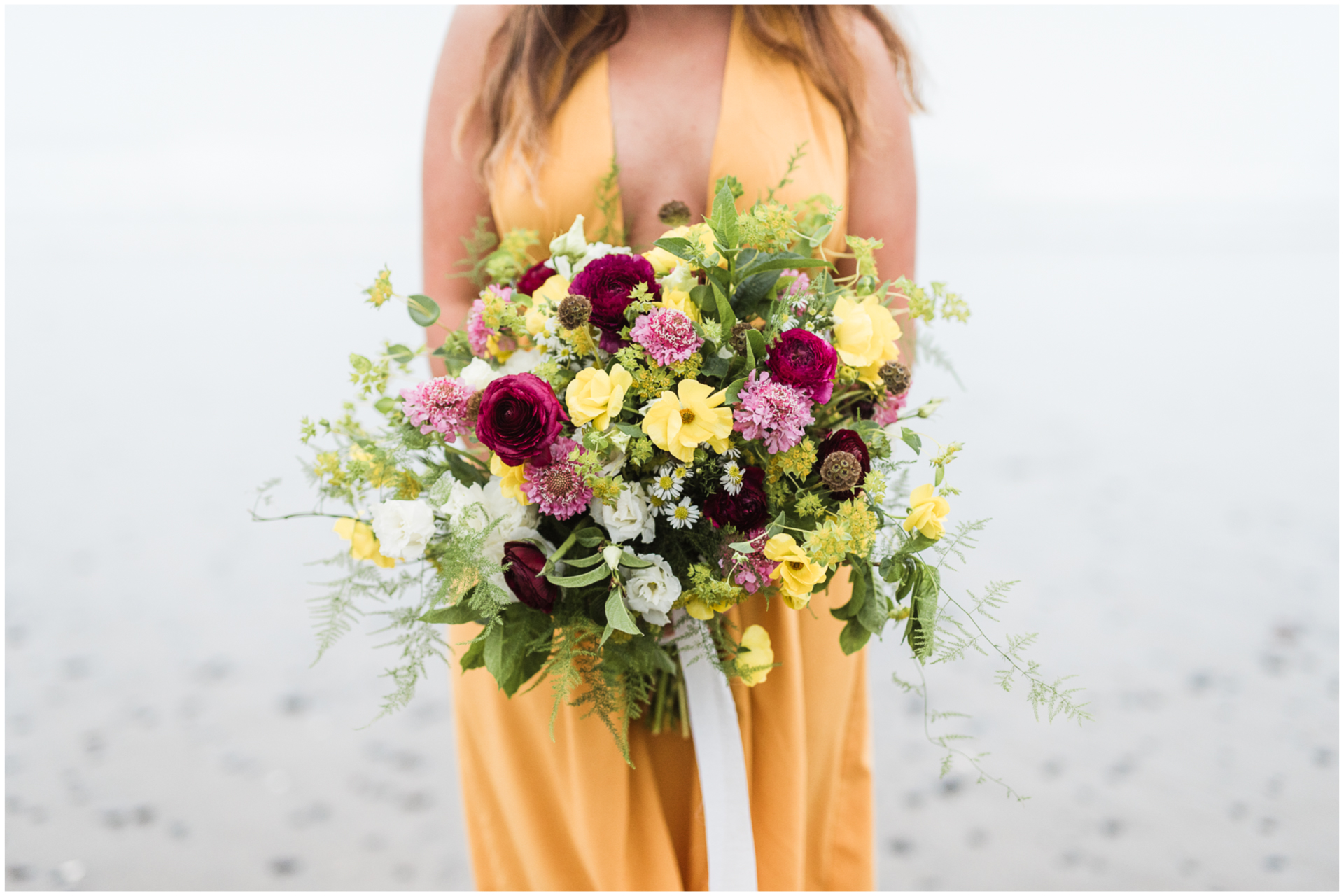 Huntsville Wedding Photographer - Wildflower bouquet - yellow white and burgundy bouquet - headshot in yellow dress