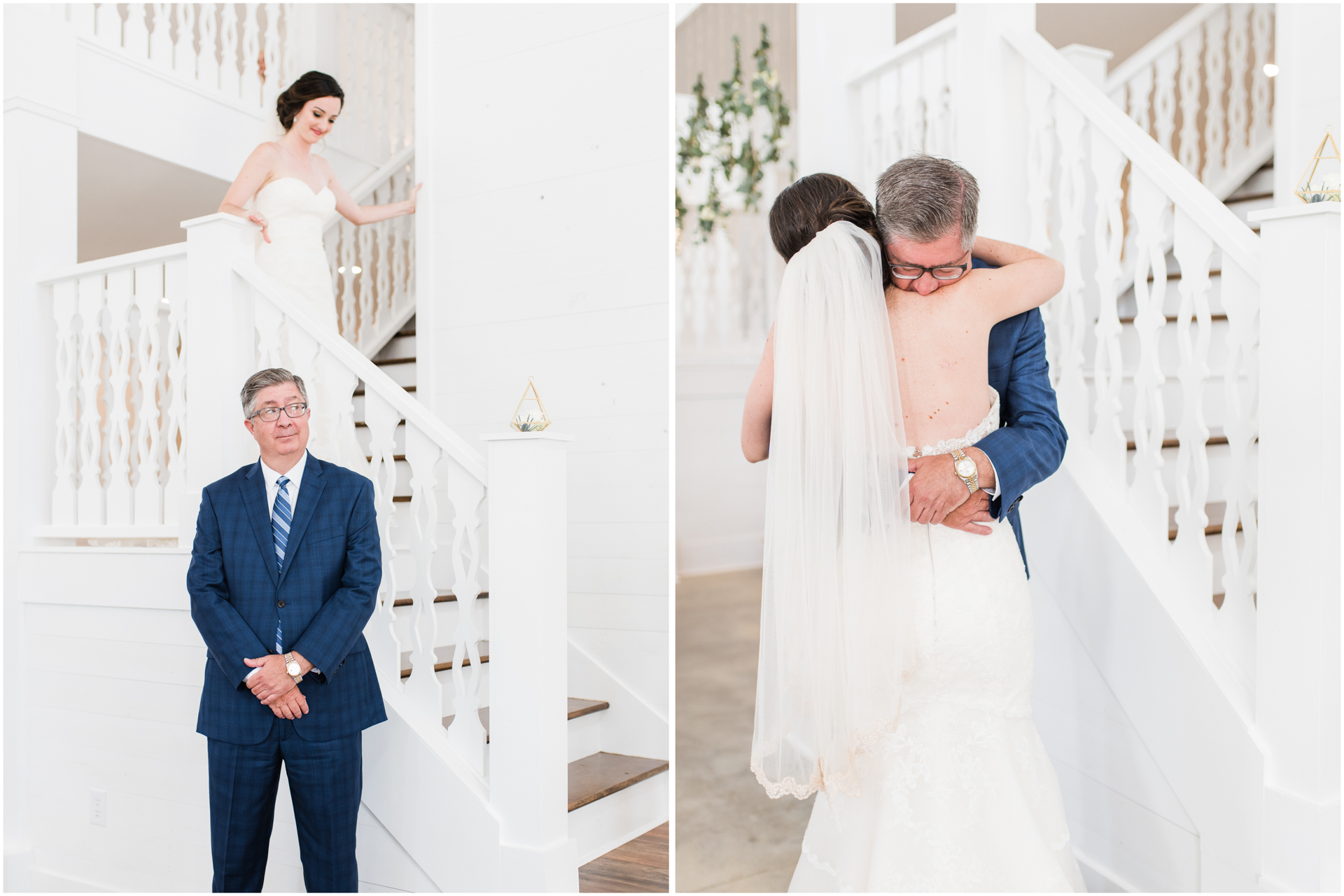 Bride walking downstairs for first look with father - indoor Harvest Hollow - Huntsville Wedding Photographer