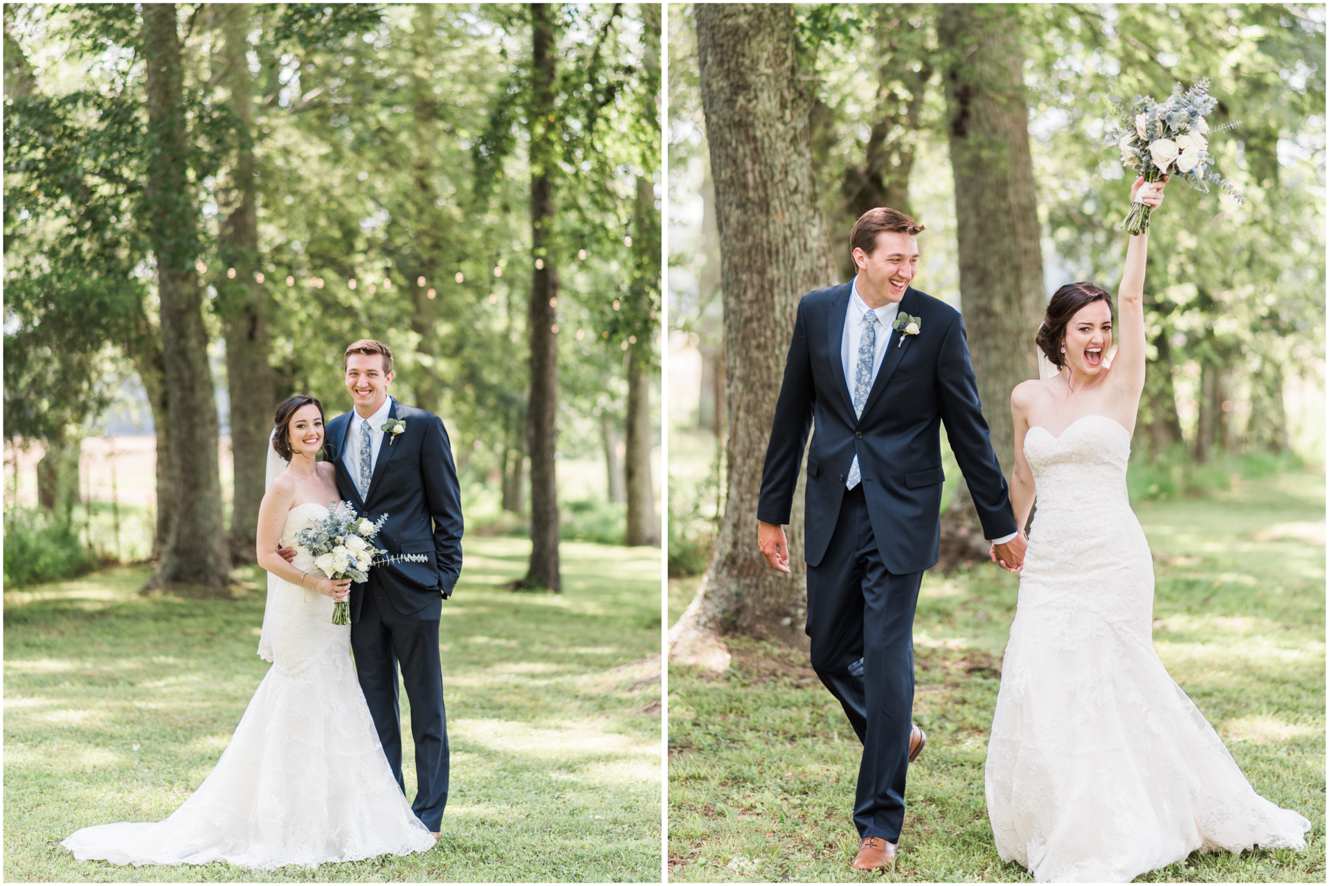 Traditional Outdoor bride and groom portrait - Walking photo with bride celebrating with her bouquet in the air