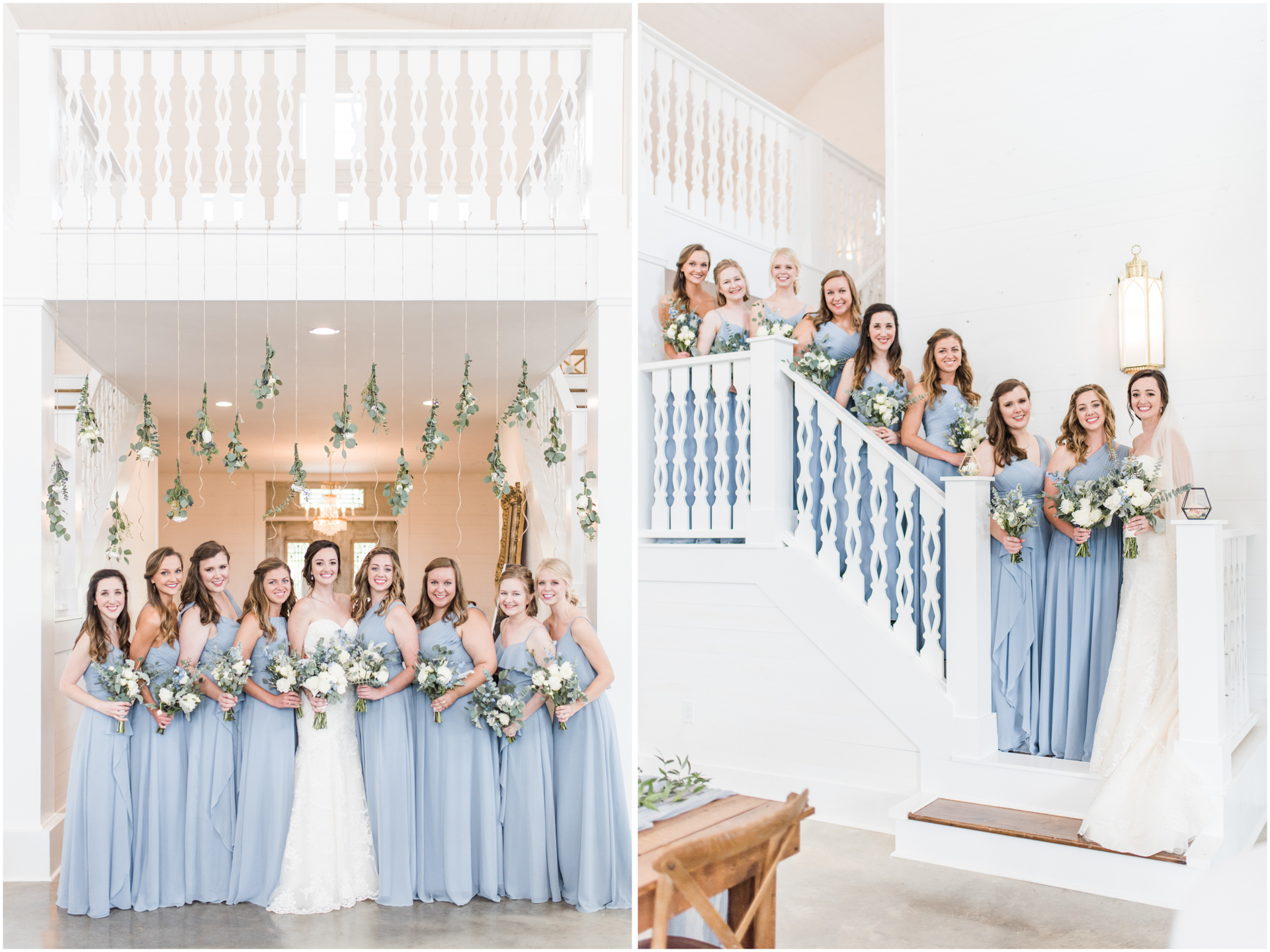 Dusty Blue Bridesmaids photo - white barn wedding - indoor portrait - Huntsville Alabama