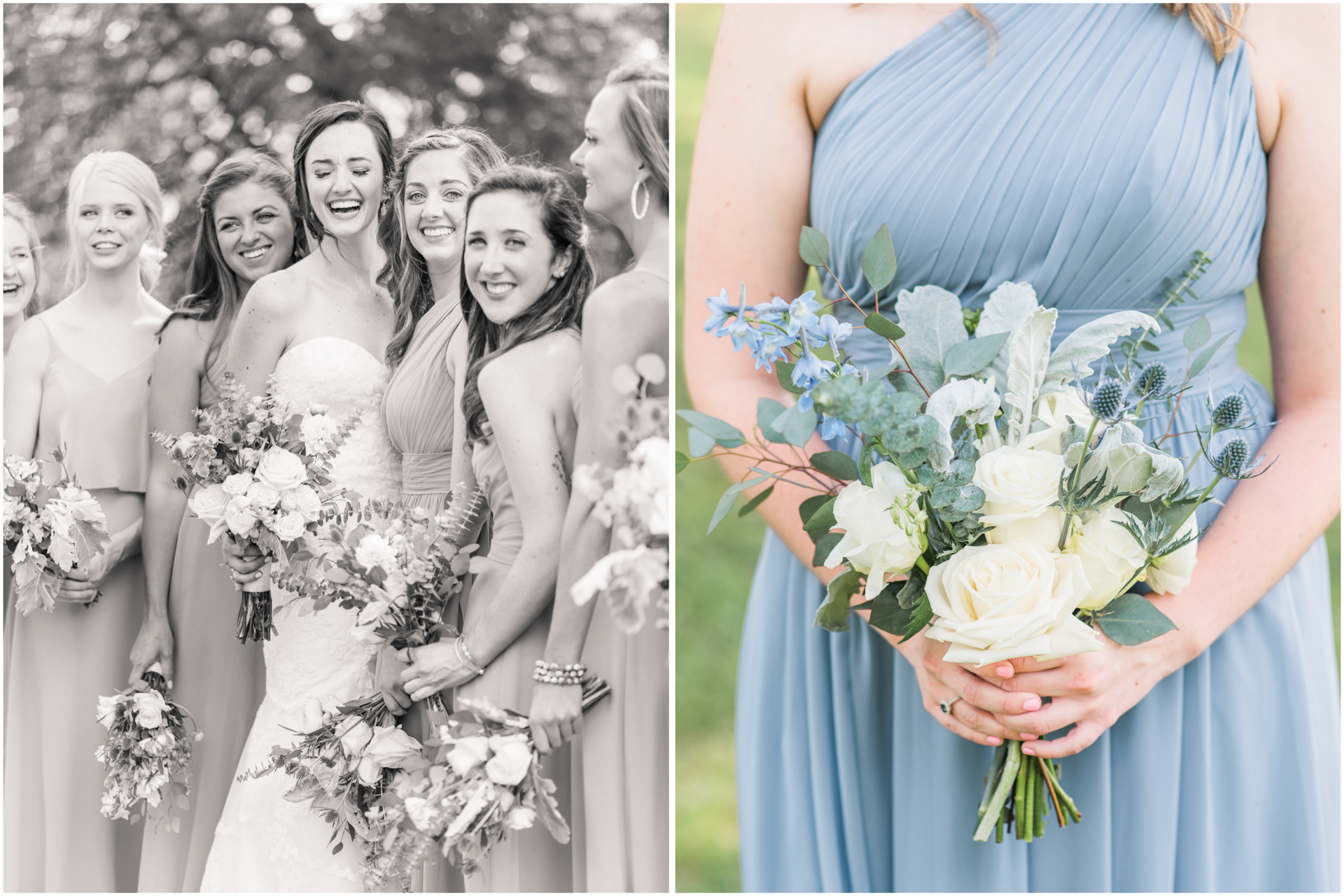 Dusty Blue Bridesmaid dress with the petal pick up bouquet - Huntsville AL