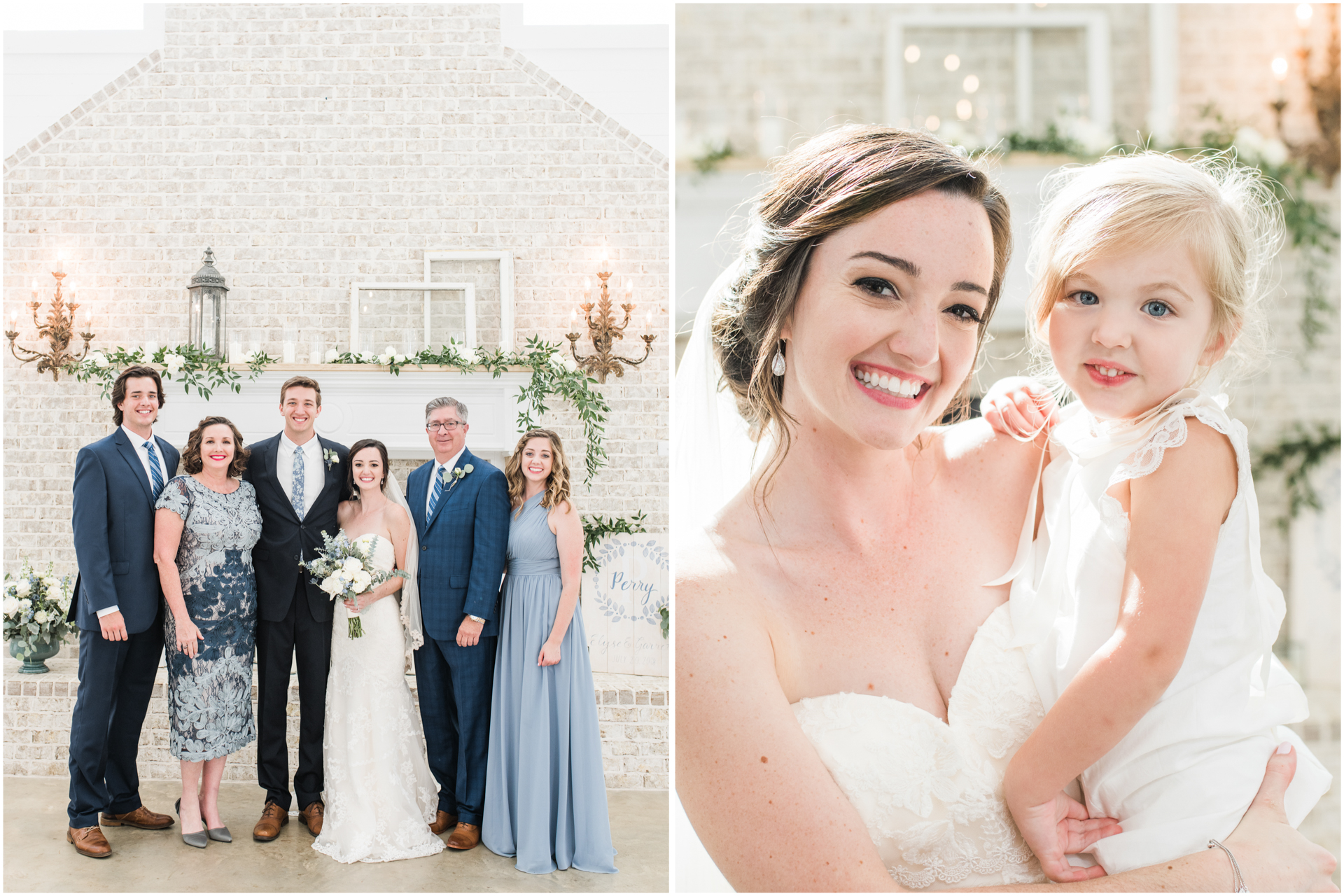 Indoor Family portraits in front of fireplace - white barn wedding