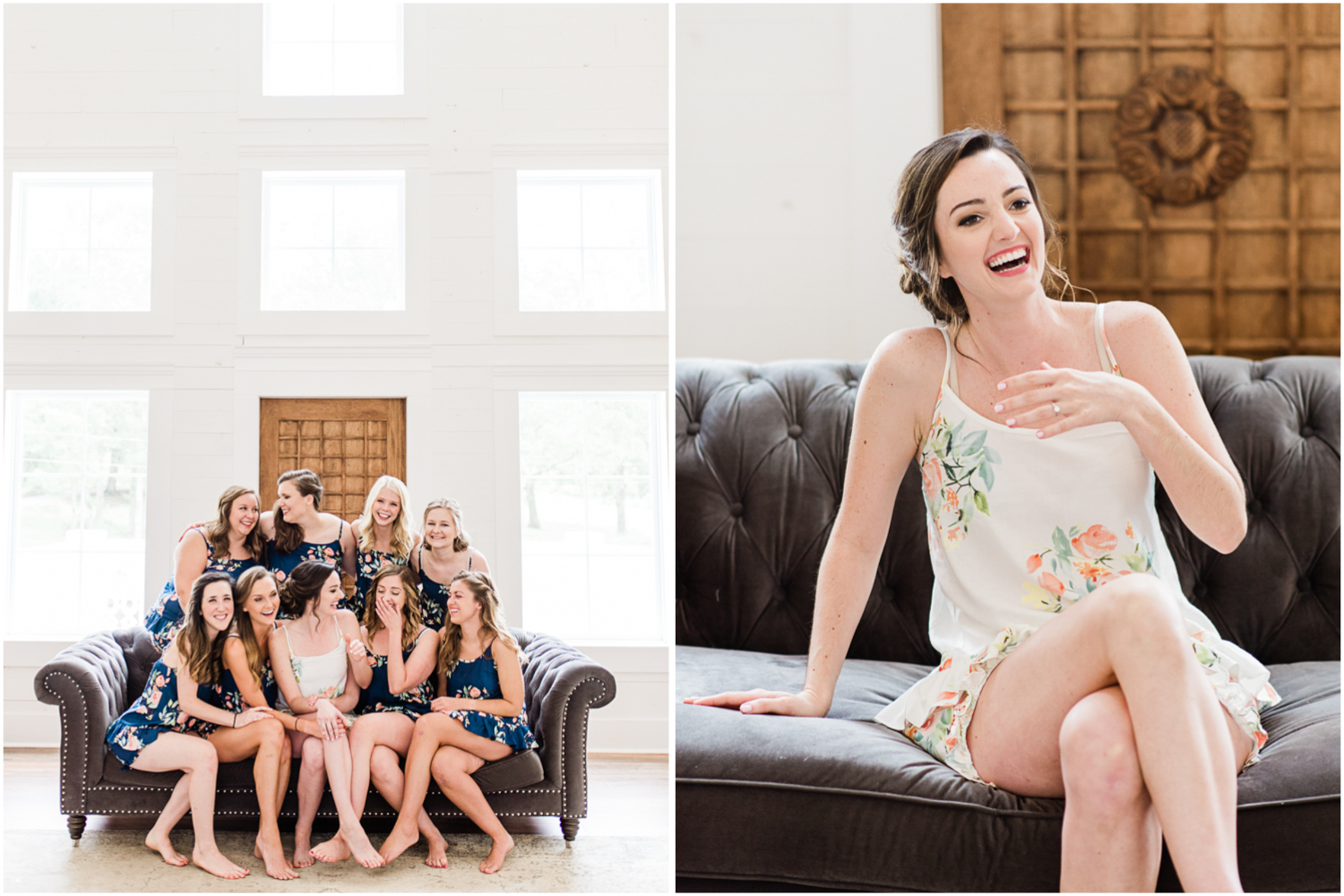 Bride and Bridesmaids on couch at Harvest Hollow in blue pajamas - Huntsville Al