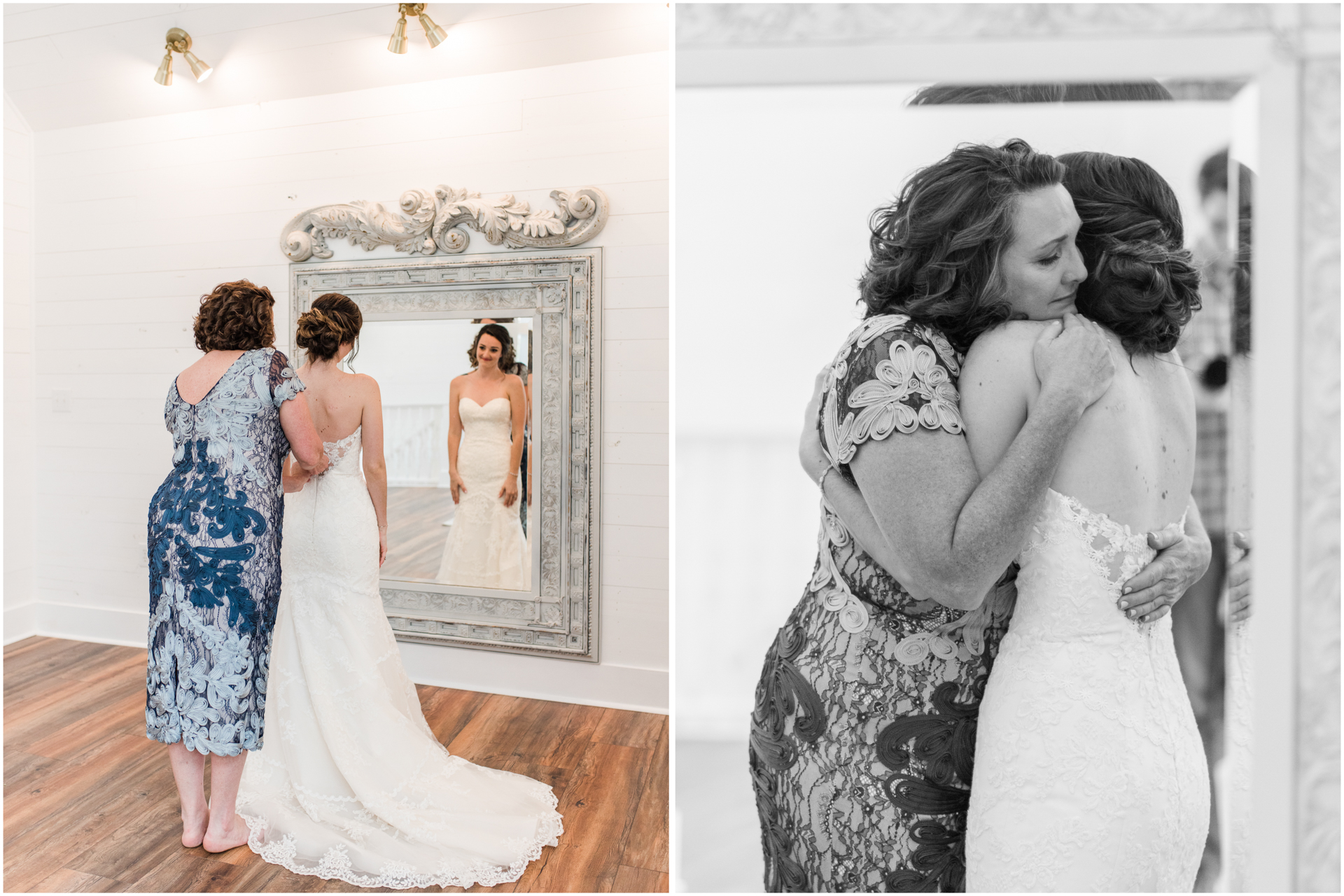 Mother in blue dress zipping up bride in front of mirror - Huntsville Alabama