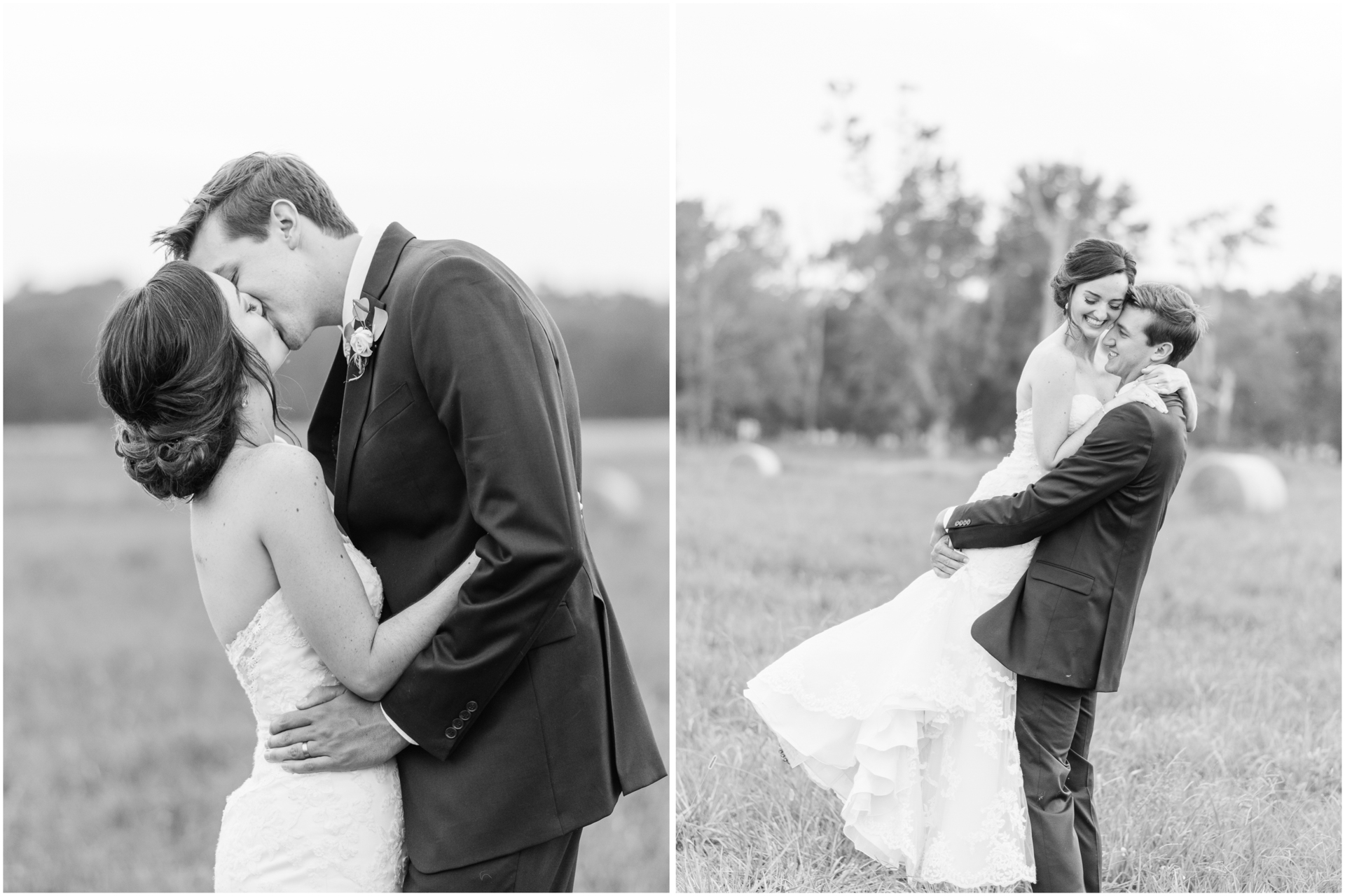 Black and White Image of Bride and Groom Kissing in Field - Huntsville Alabama Wedding