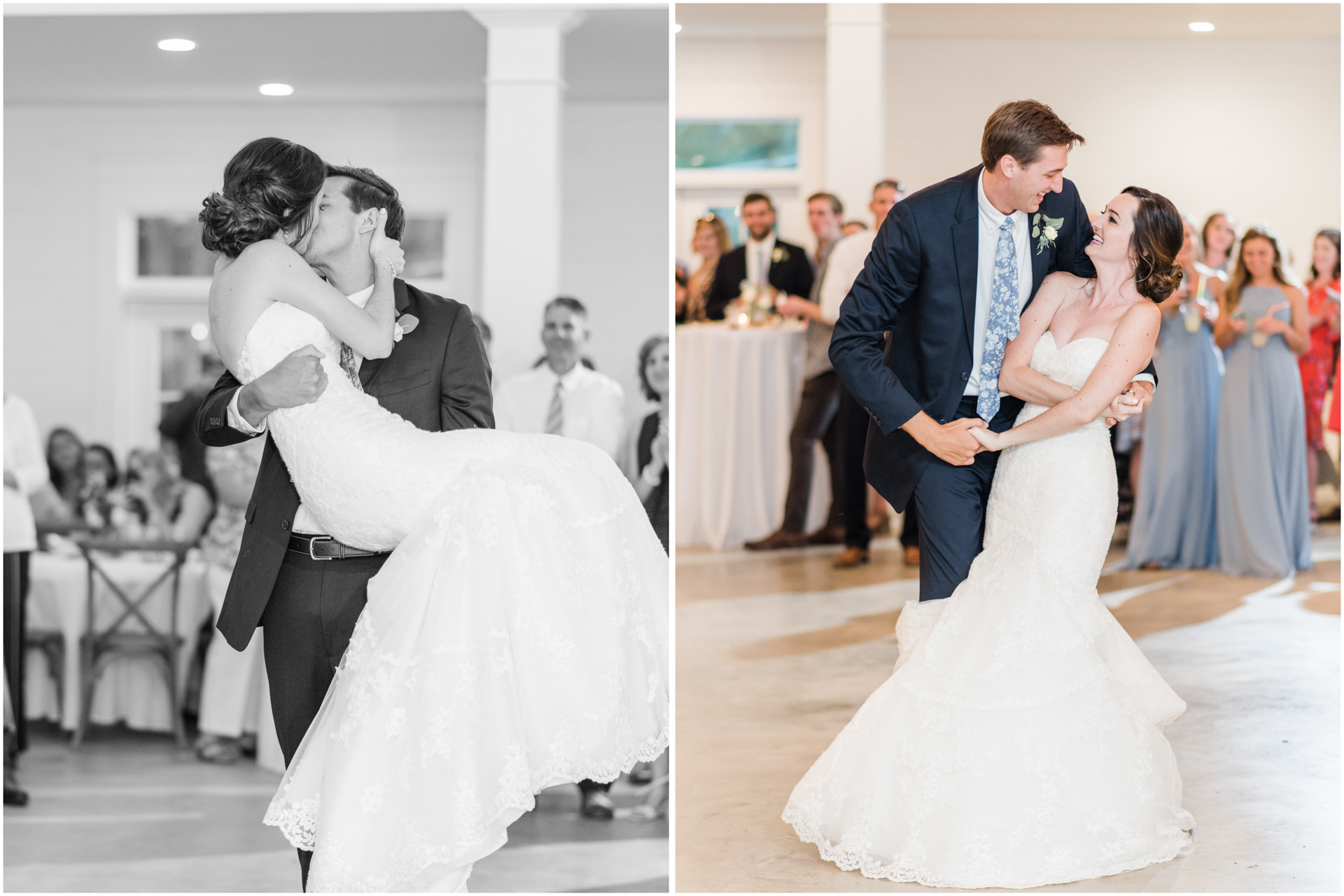 Bride and Groom First Dance during Reception - Picks her up for a kiss - White Barn Wedding