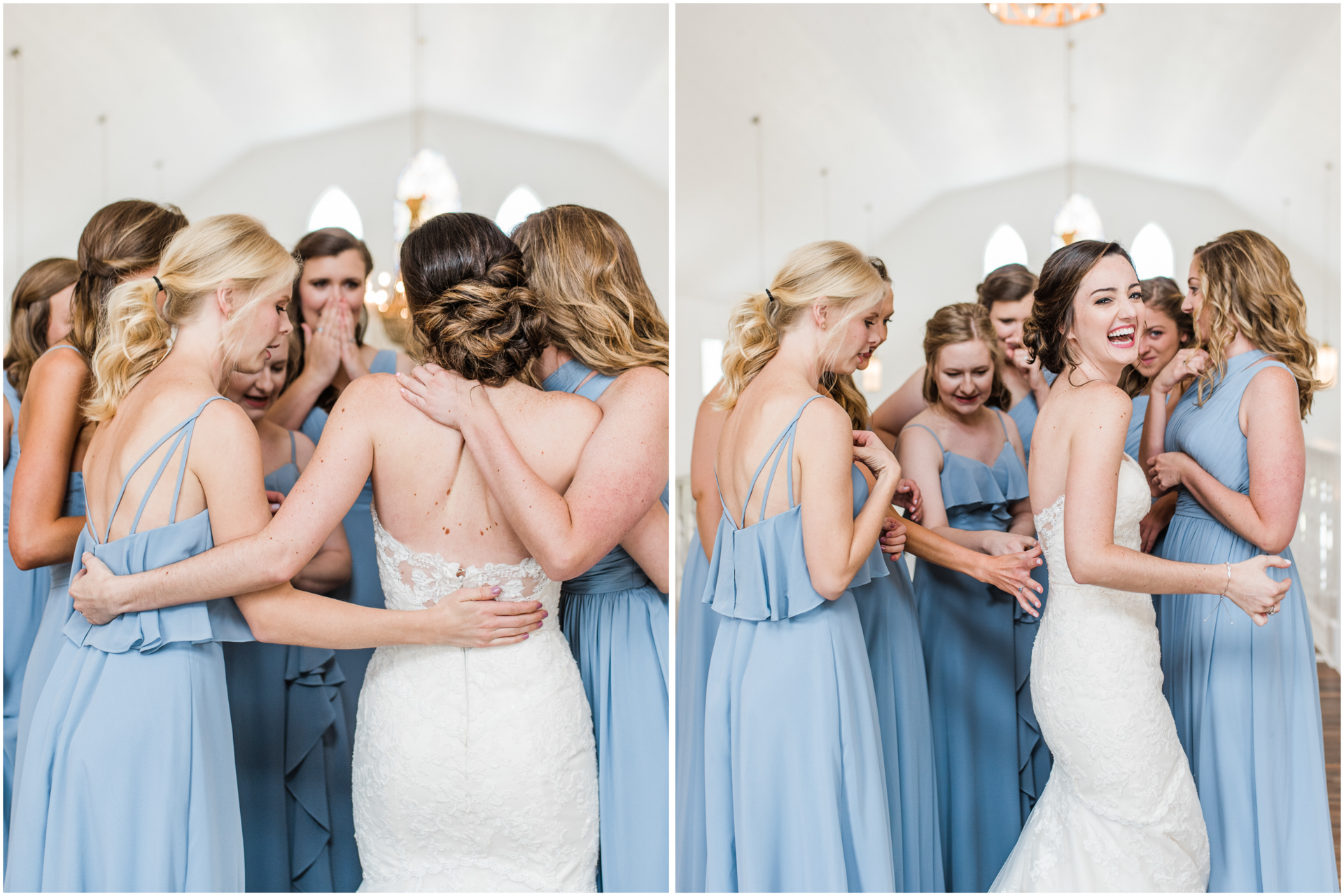 First Look with Bridesmaids hugging bride image - Harvest Hollow Wedding