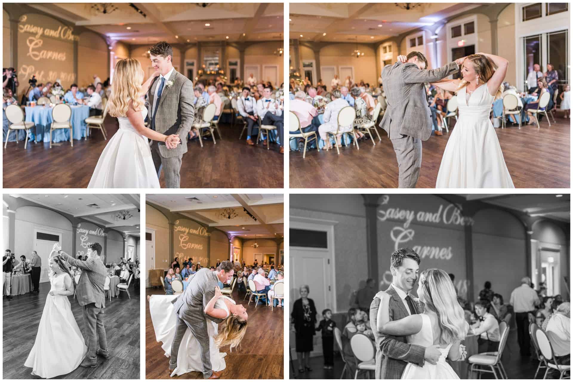 Bride and Groom - Indoor wedding reception - first dance in ball gown