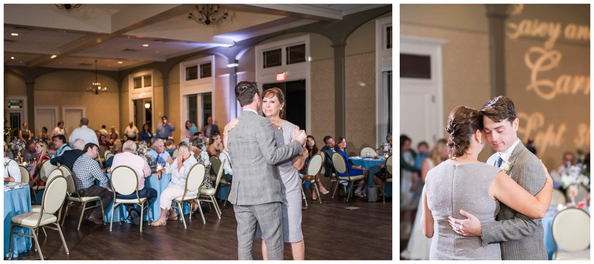 mother son first dance in gray suit and gray dress indoor wedding reception