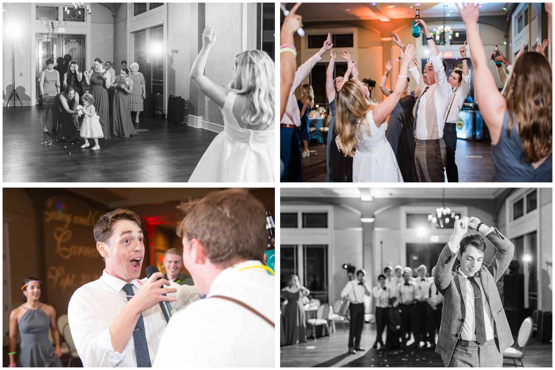 bouquet and garter toss indoor reception groom rapping guests dancing