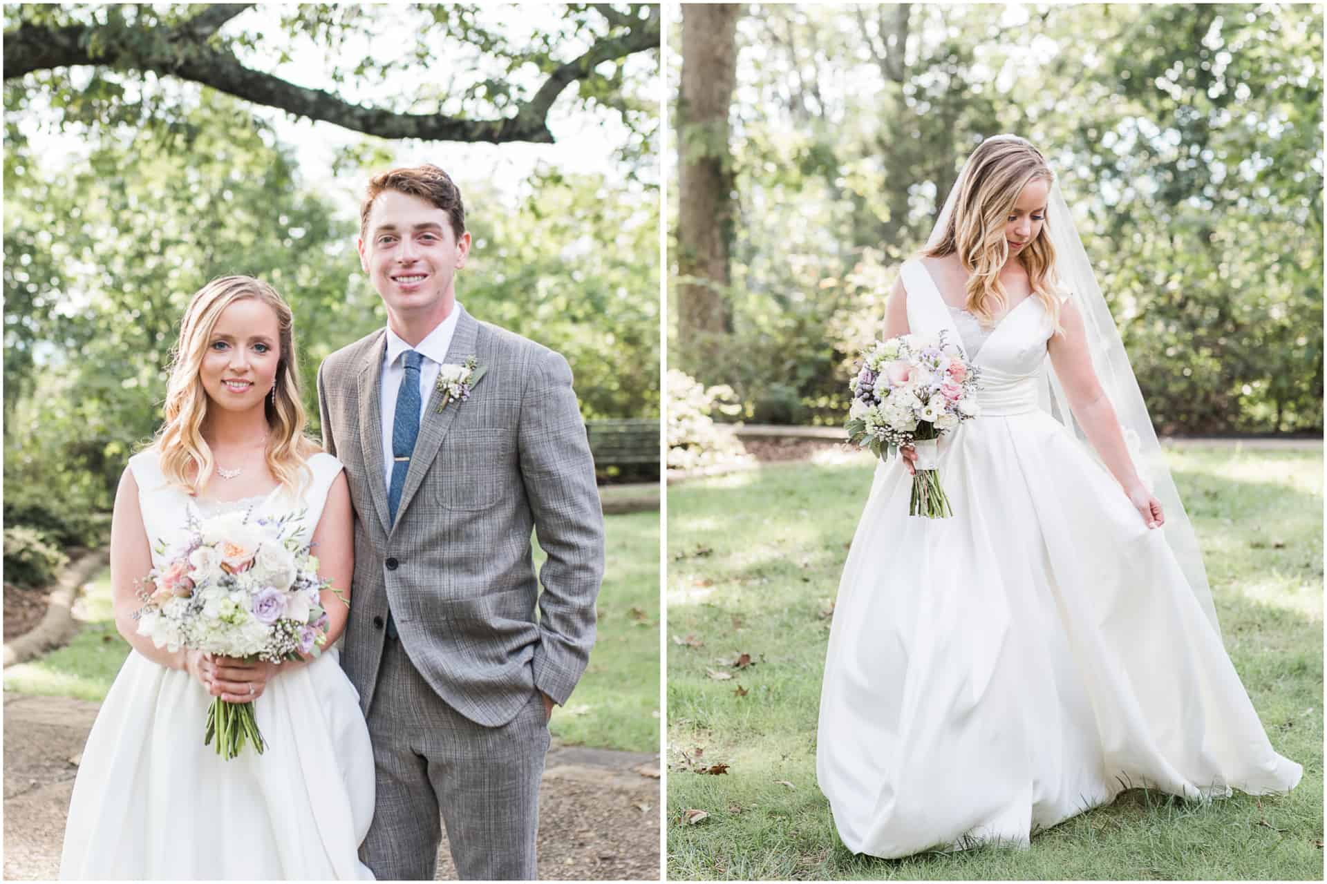 groom in brown suit with bride in ball gown Huntsville Alabama 