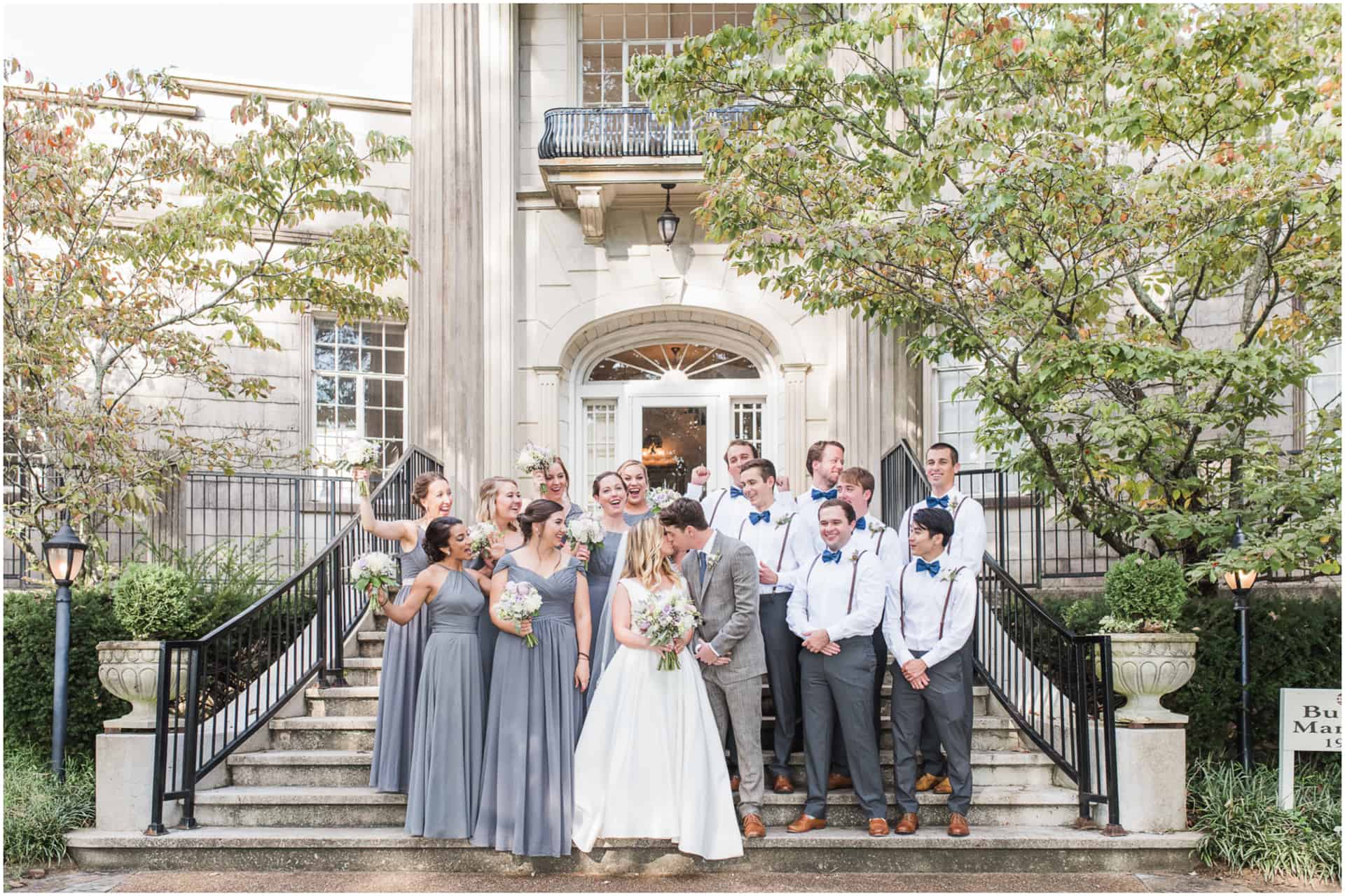 bridal party grey gray dresses groomsmen in suspenders burritt mansion museum wedding Huntsville Alabama