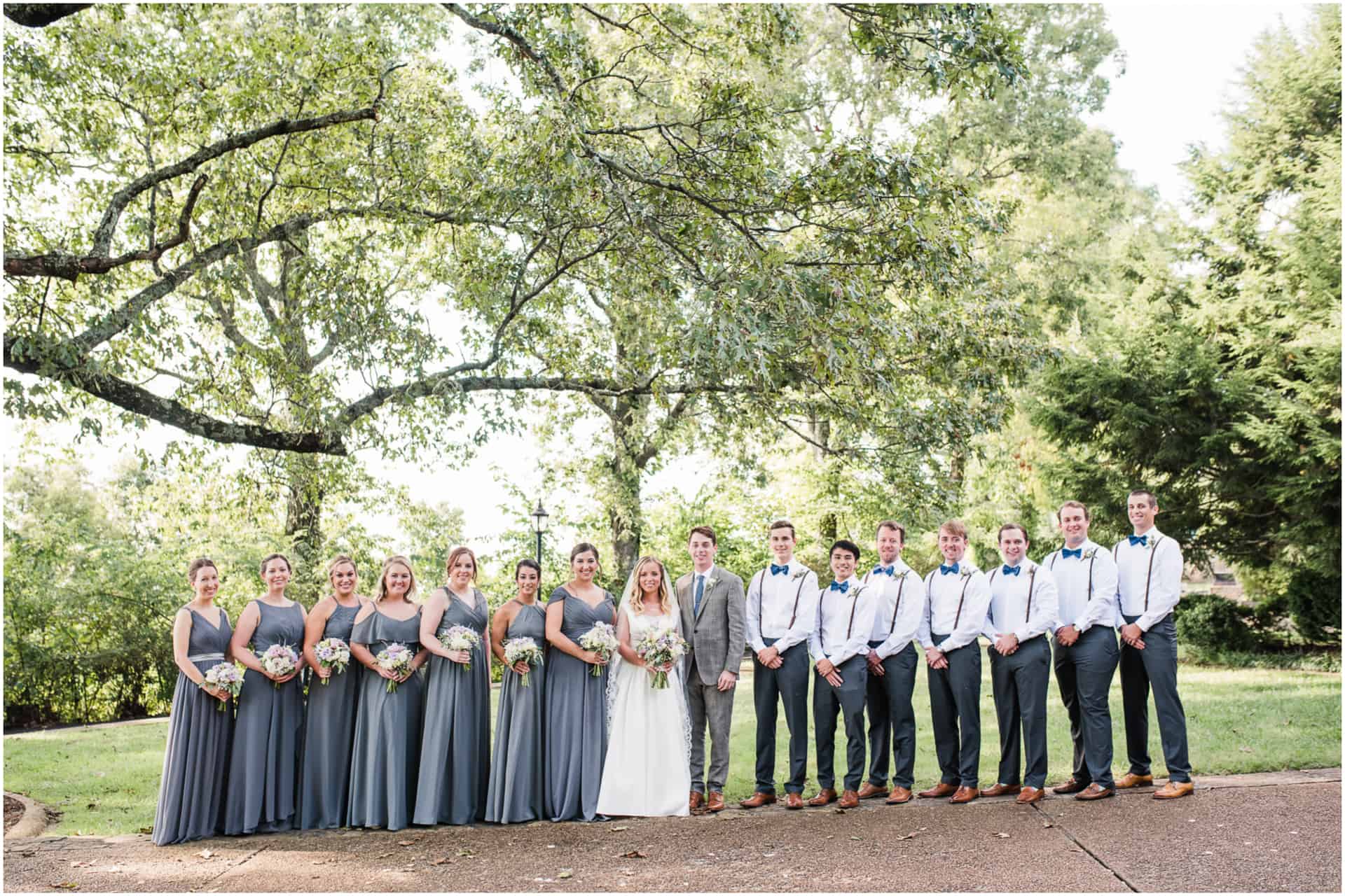bridal party grey gray dresses groomsmen in suspenders burritt mansion museum wedding Huntsville Alabama