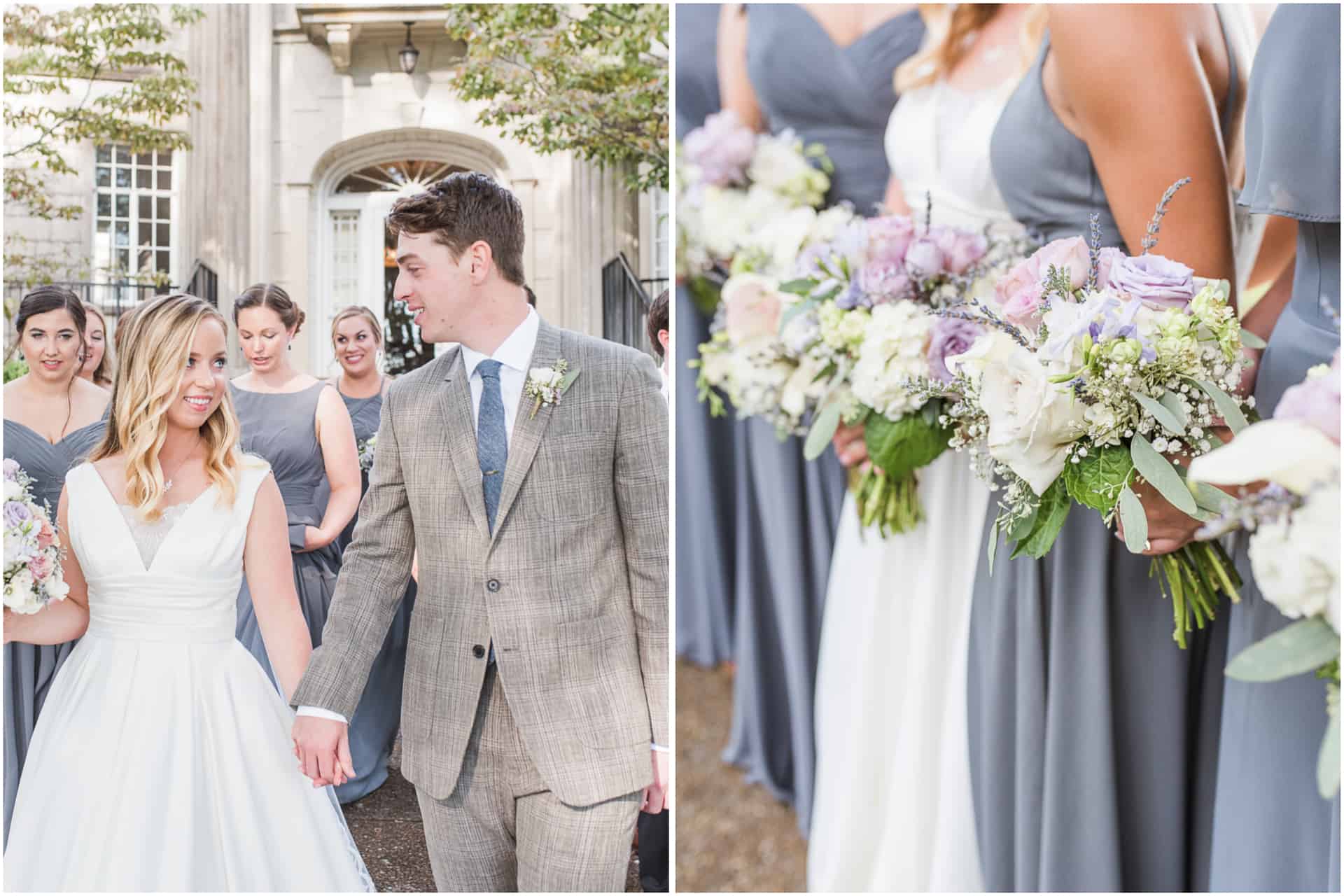 bridesmaids in gray dresses with white and purple bouquets burritt mansion museum wedding