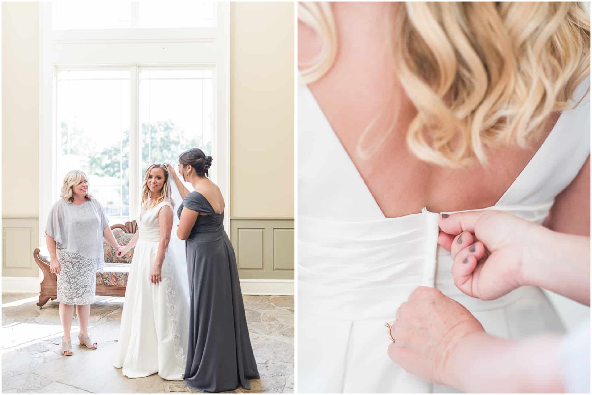 bride getting ready with mother and maid of honor - zipping dress - baron bluff foyer