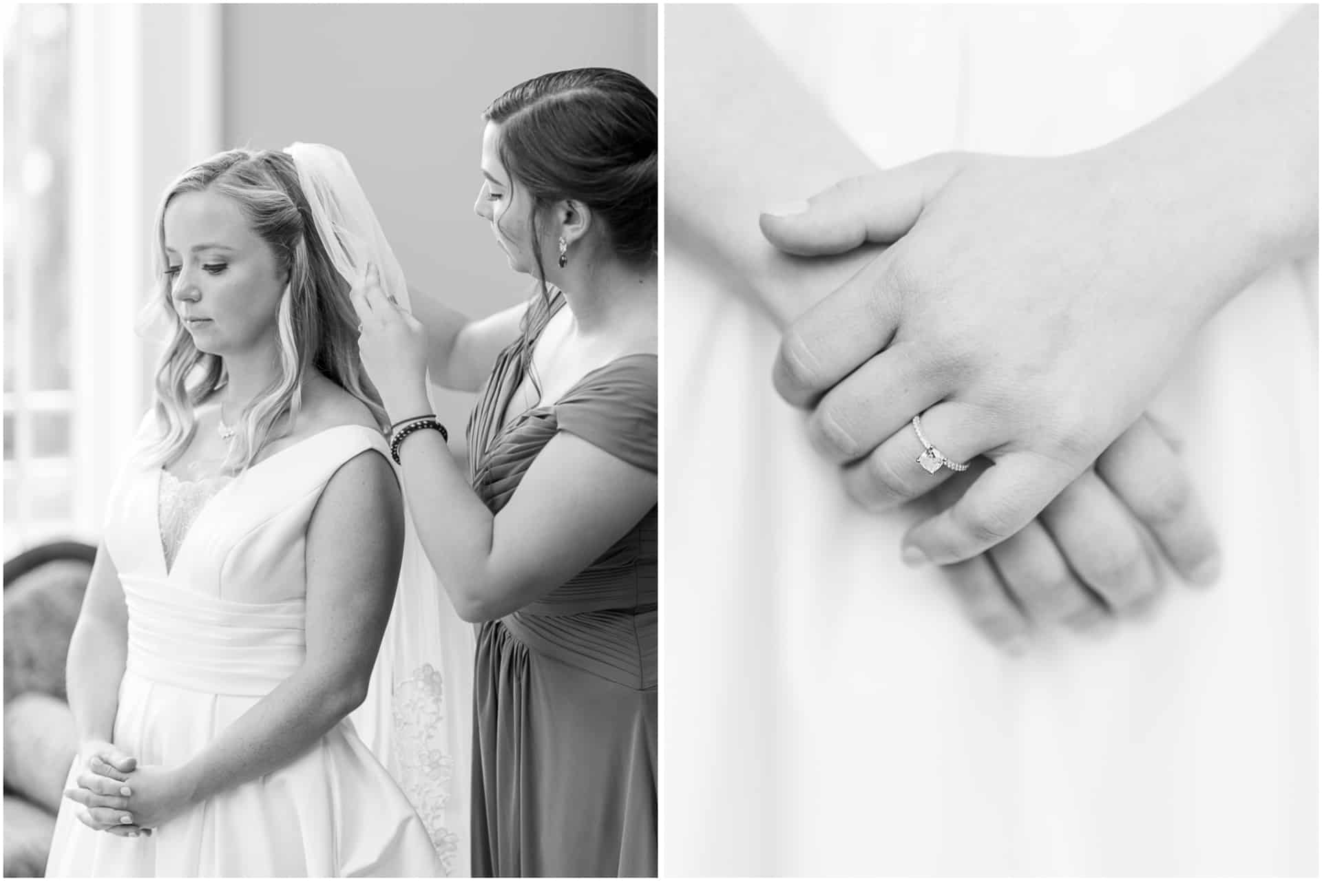 maid of honor putting veil in brides hair - brides hands