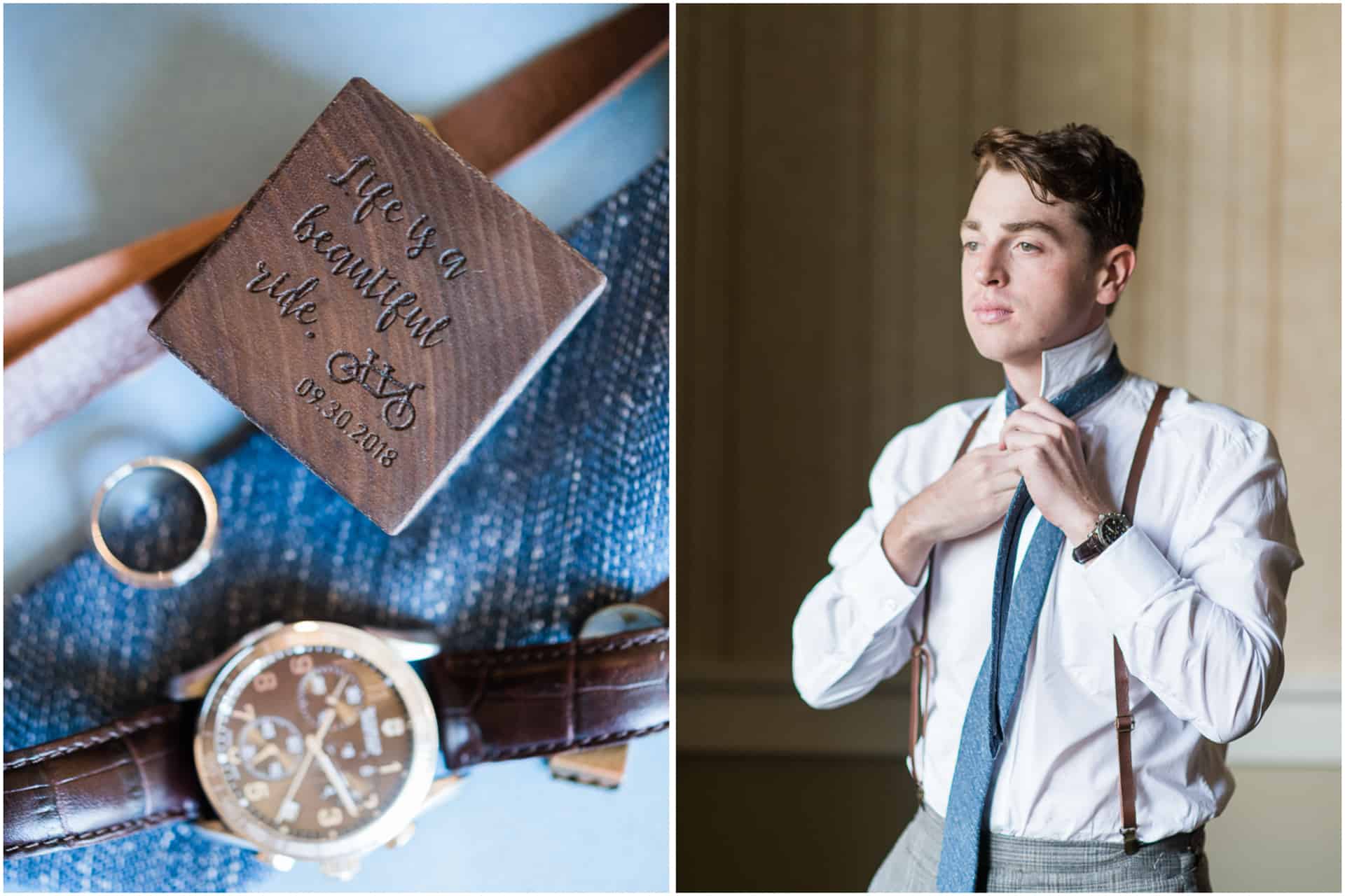 grooms blue details wooden ring box brown watch - getting ready indoor adjusting tie
