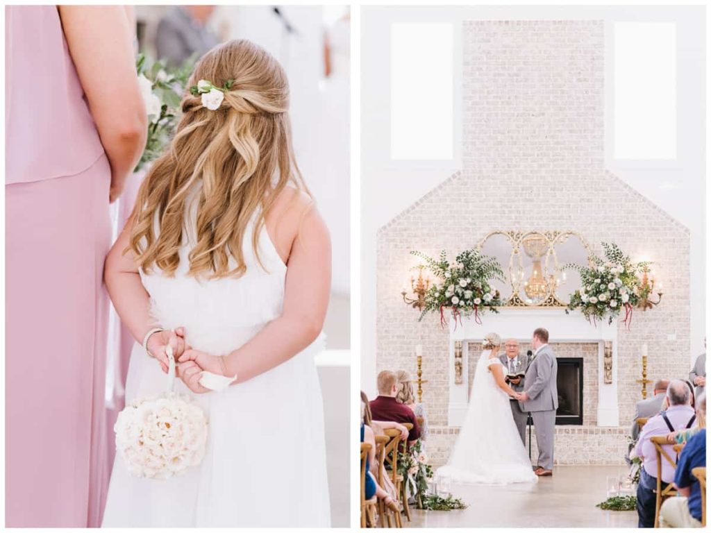 Flower girl with Flower Ball - Ceremony in front of fireplace - Harvest Hollow Venue and Farm