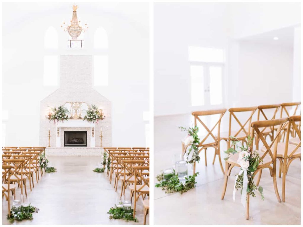 Harvest Hollow Venue and Farm Indoor Ceremony with Fireplace - Cross back wooden chairs with blush pink flowers and greenery - Twenty Oaks Photography