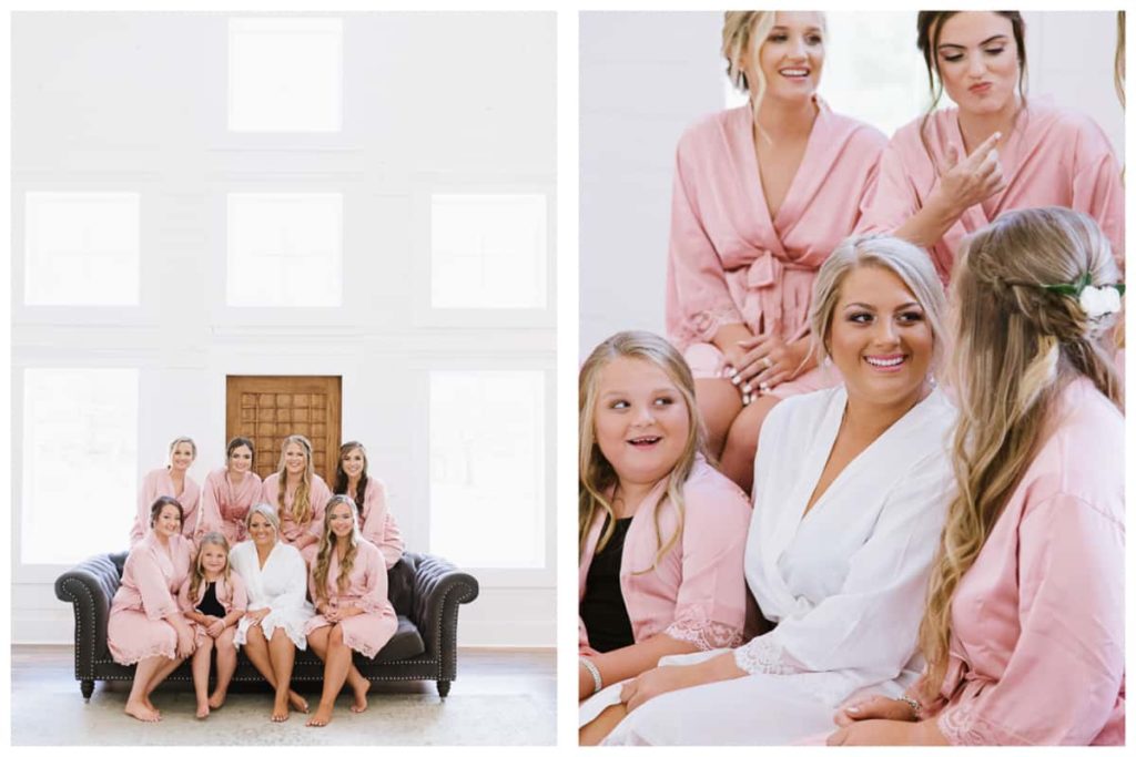 Bridesmaids in pink robes on couch - Harvest Hollow Venue and Farm Wedding