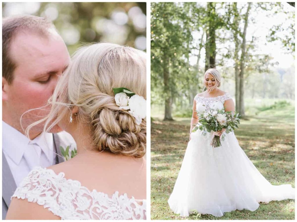 bridal hair photo while kissing the groom - bride walking through a field