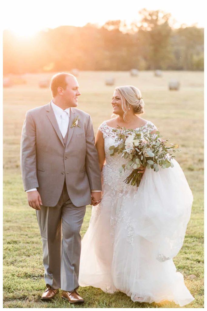 walking-into-the-sunset Alabama Wedding Farm Field wedding Golden Hour Portraits