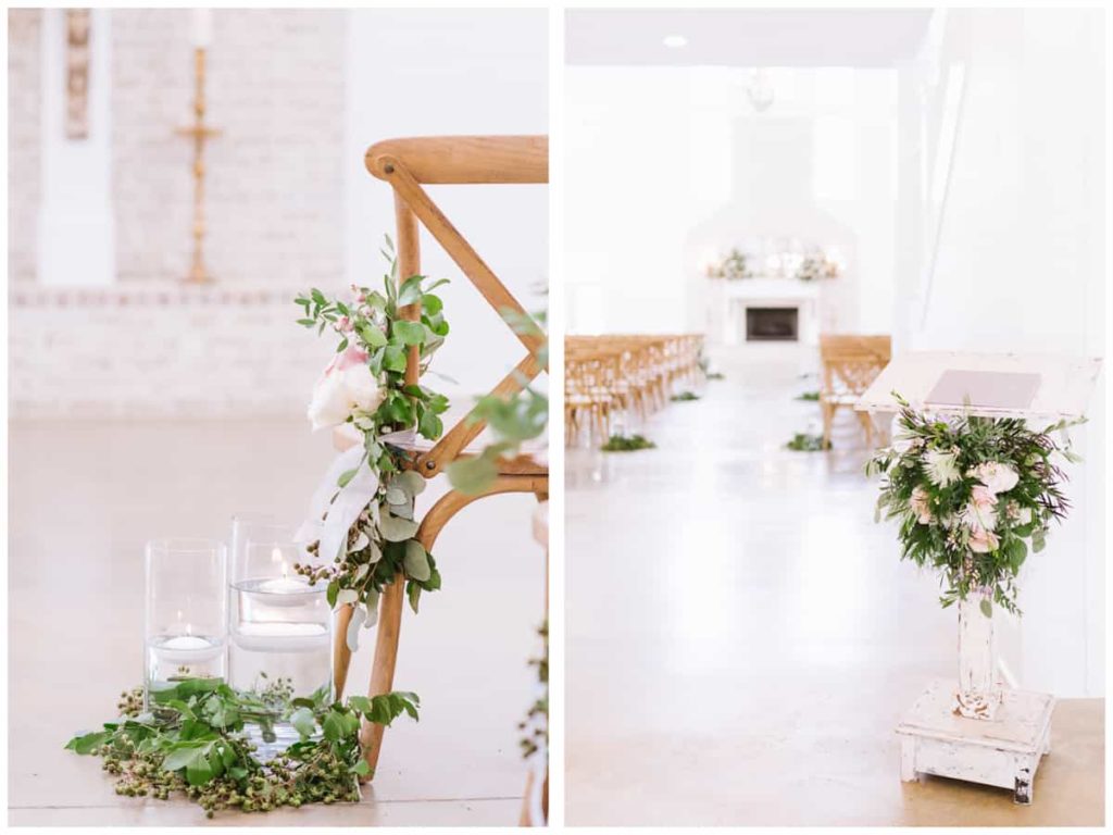 Harvest Hollow Venue and Farm White barn indoor ceremony - Cross back wooden chairs with blush pink flowers and greenery - guestbook