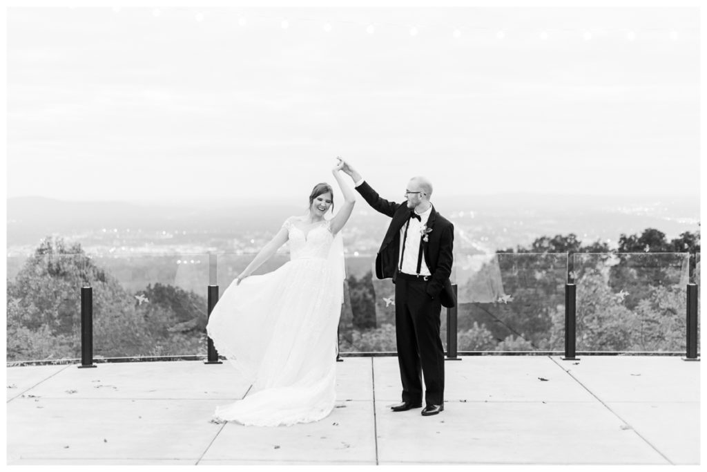 Bride and Groom in Black and White Dancing on The View at Baron Bluff