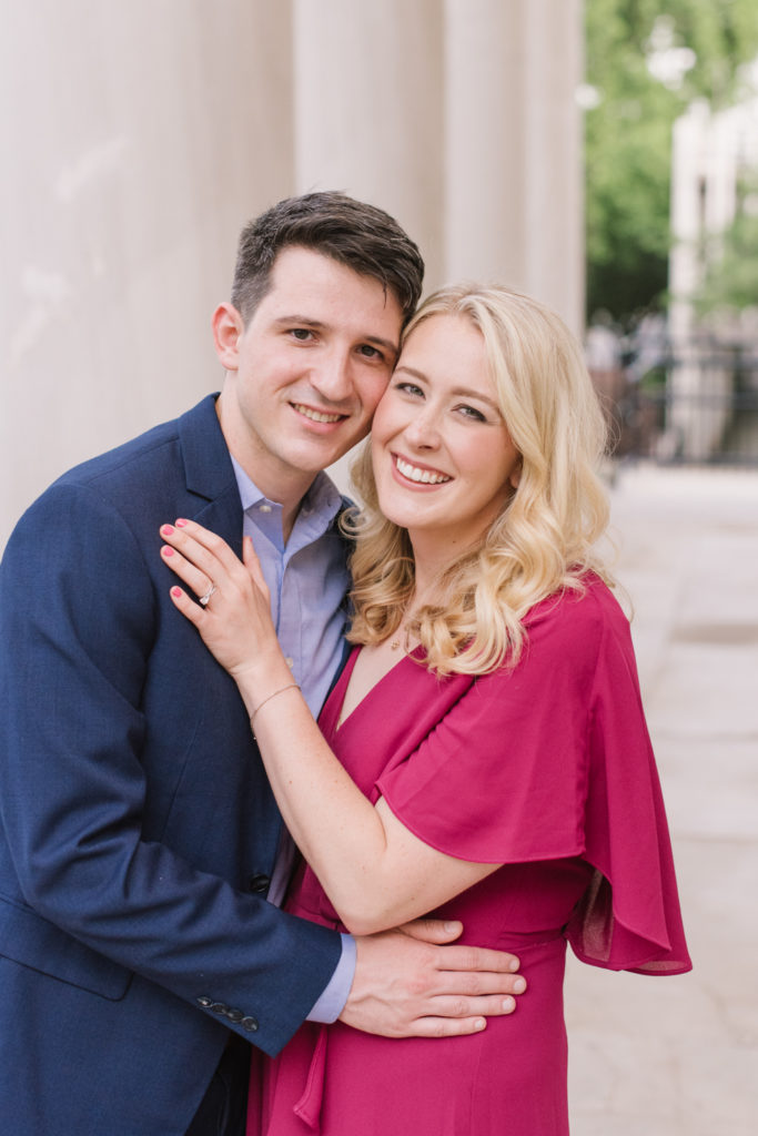 Engagement photos, Huntsville, AL in formal clothes by the Historic First National Bank