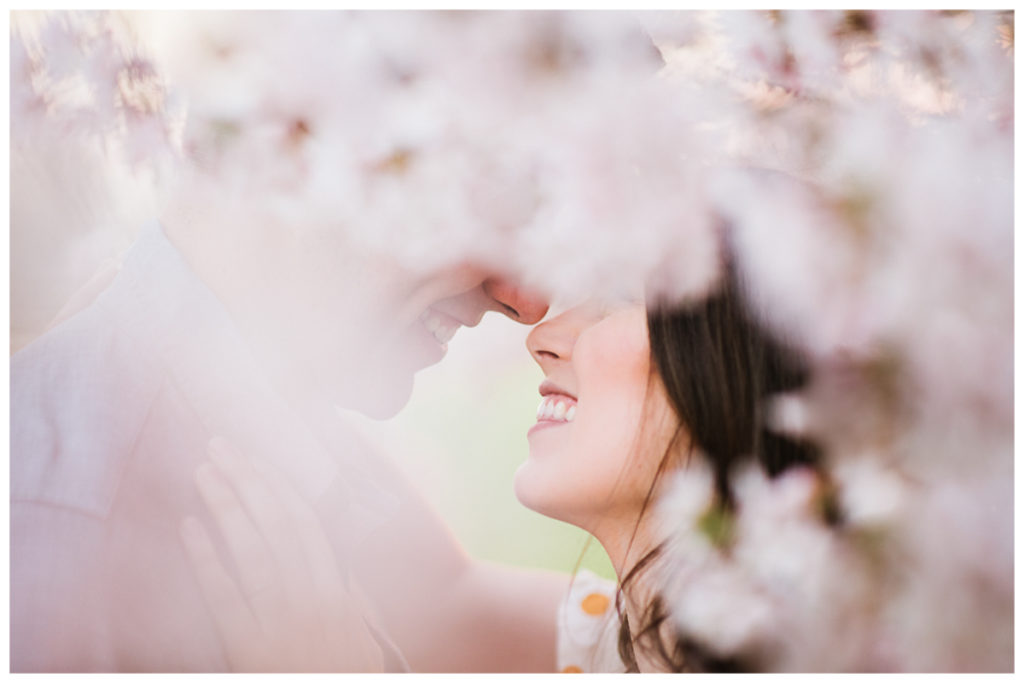 Engagement photos with cherry blossom trees in Huntsville, Alabama